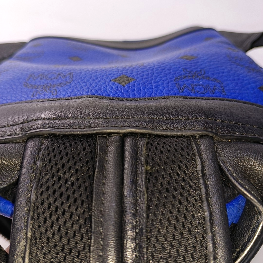 MCM STARK mini Blue Coated Canvas Monogrammed Stud Double Backpack Silver Black Hardware-(SKU)-943802065