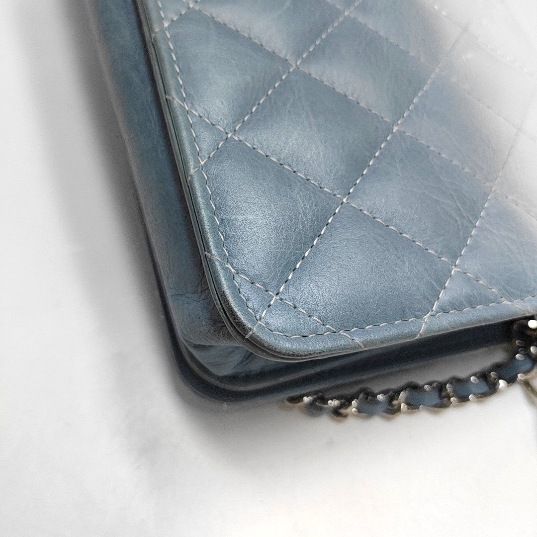 CHANEL WOC Blue Calfskin Patent Leather Chevron Single Shoulder Bag with Shoulder Strap and Silver Hardware-(SKU)-970647926