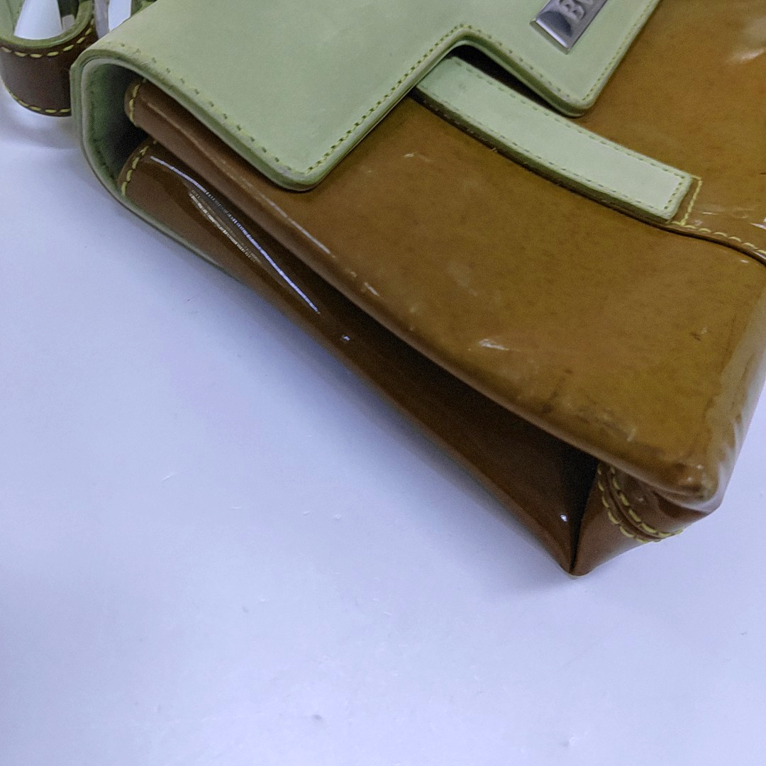 BVLGARI Yellow Green Patent Leather Handbag Single Shoulder Bag Silver Hardware Removable shoulder strap-(SKU)-960012647