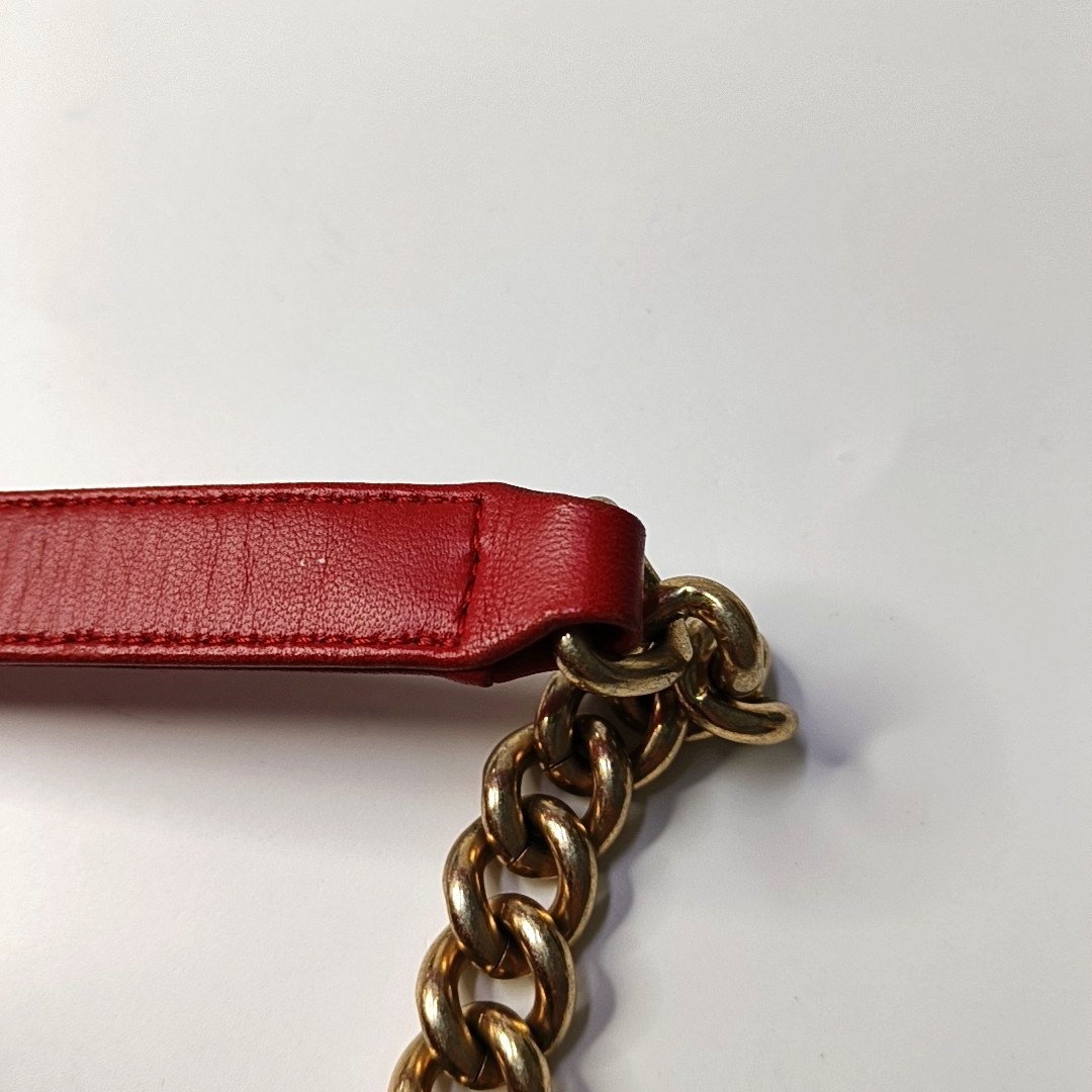 CHANEL BOY CHANEL Medium Size Red Lamb Calfskin Quilted Chevron Single Shoulder Bag Crossbody Bag Gold Hardware 23 Clasp Removable Shoulder Strap-(SKU)-964494003