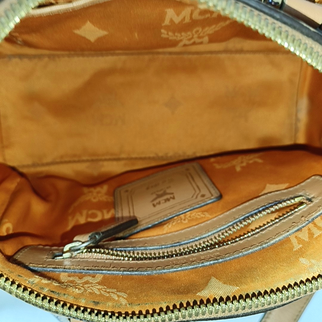 MCM ESSENTIAL Cognac Coated Canvas Monogram Print Boston Bag Single Shoulder Bag Handbag Crossbody Bag Golden hardware Removable shoulder strap-(SKU)-942033097