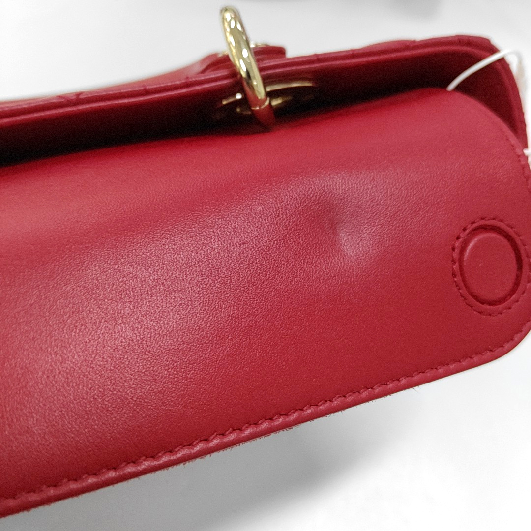 DIOR Lady D-Joy Small Red Lamb Skin Quilted Cannage Five-Panel Shoulder Bag with Detachable Strap, Gold Hardware-(SKU)-958281781