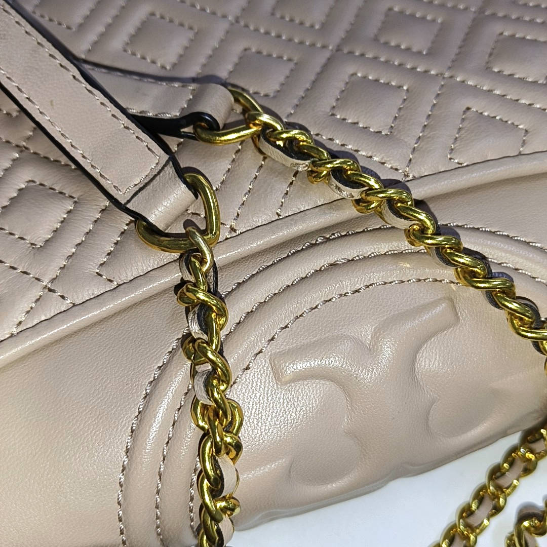 TORY BURCH Fleming Small size Nude Pink Cowhide Quilted Fringe Shoulder Bag Crossbody Golden hardware-(SKU)-14255932