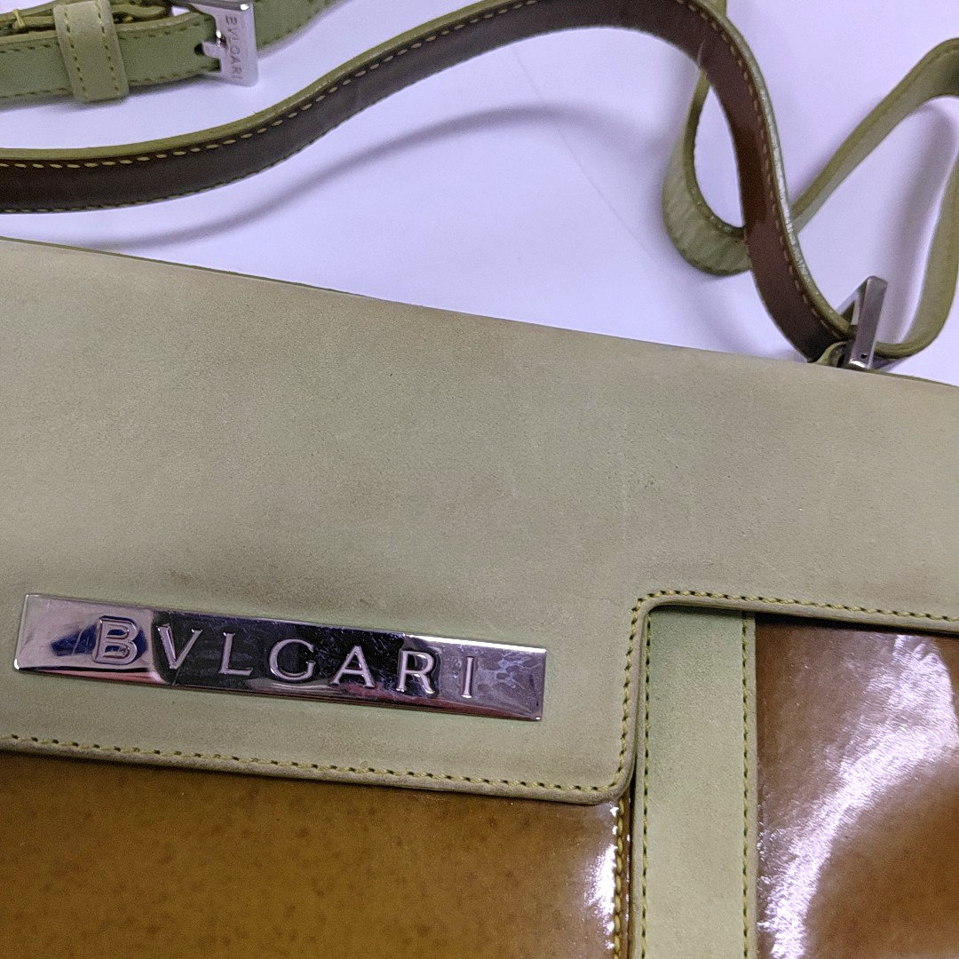 BVLGARI Yellow Green Patent Leather Handbag Single Shoulder Bag Silver Hardware Removable shoulder strap-(SKU)-960012647