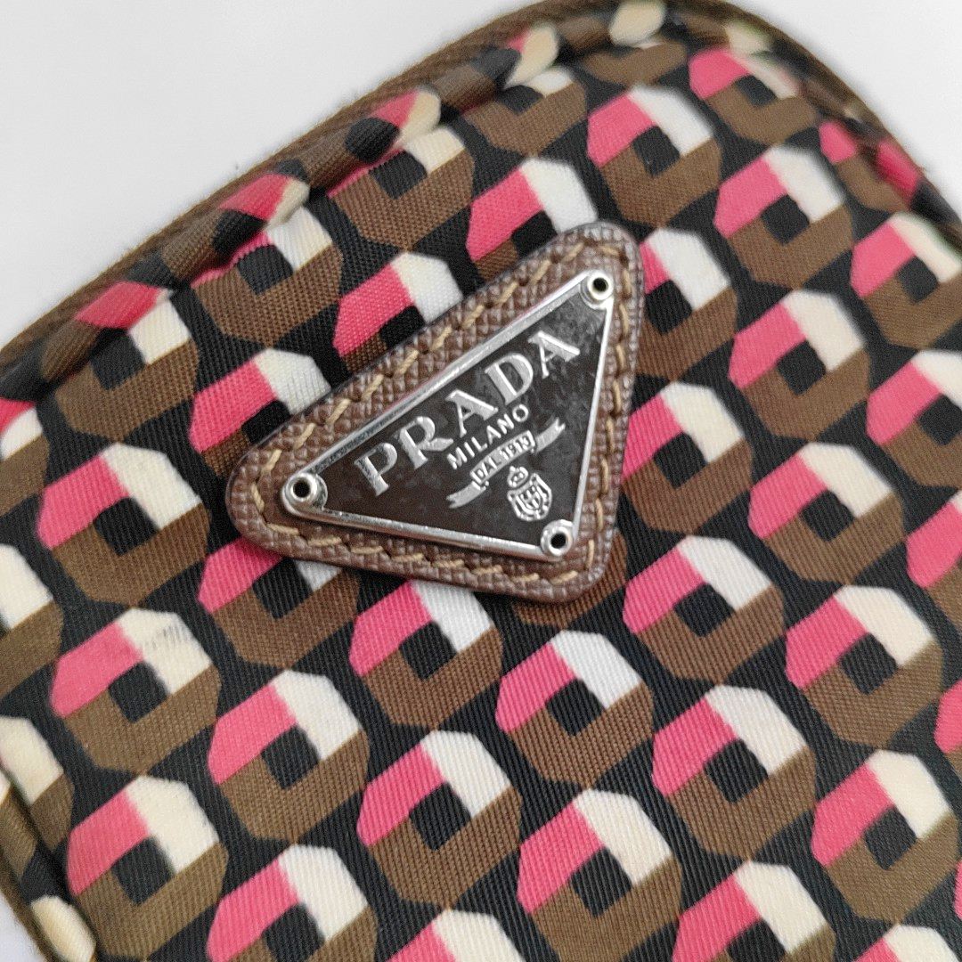 PRADA Cell Phone Bag Brown Nylon Monogrammed Printed Single Shoulder Bag Crossbody Silver Hardware Removable shoulder strap-(SKU)-957241212