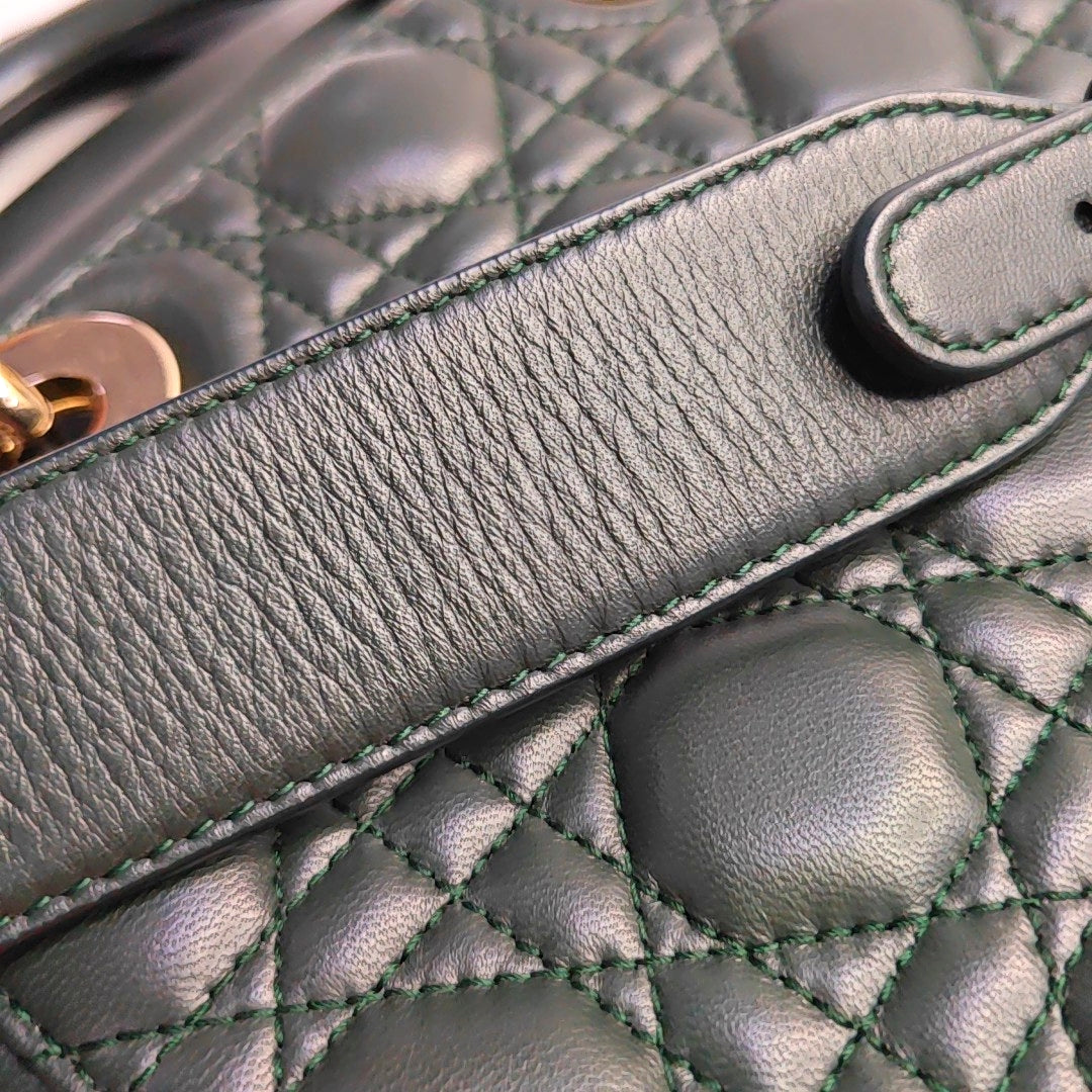 DIOR Lady Dior Small Dark Green Lamb Skin Quilted Diagonal Bag 4-Compartment Single Shoulder Bag Crossbody Handbag with Gold Hardware and Removable Shoulder Strap-(SKU)-968076065