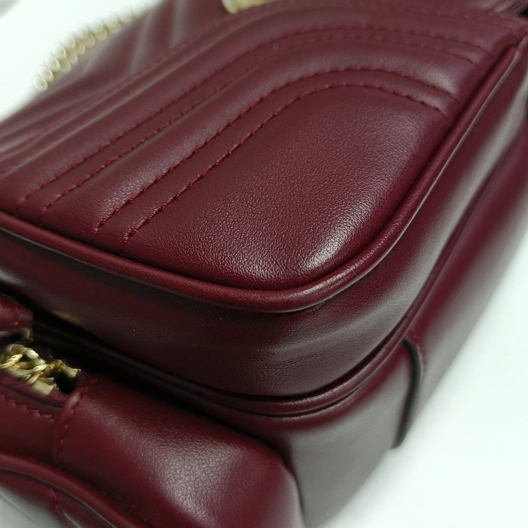 GUCCI GG Marmont Small Burgundy Calfskin Quilted Wave Pattern Crossbody Bag with Gold Hardware-(SKU)-971223206