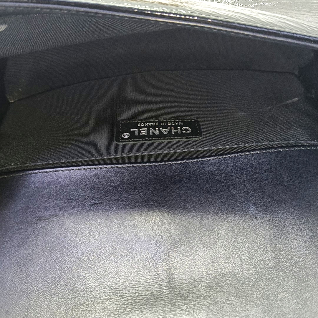 CHANEL BOY CHANEL Medium Size Black Patent Calfskin Monogram Shoulder Bag, Crossbody with Detachable Strap, Ruthenium-Colored Hardware, 19 Clasps-(SKU)-969782538