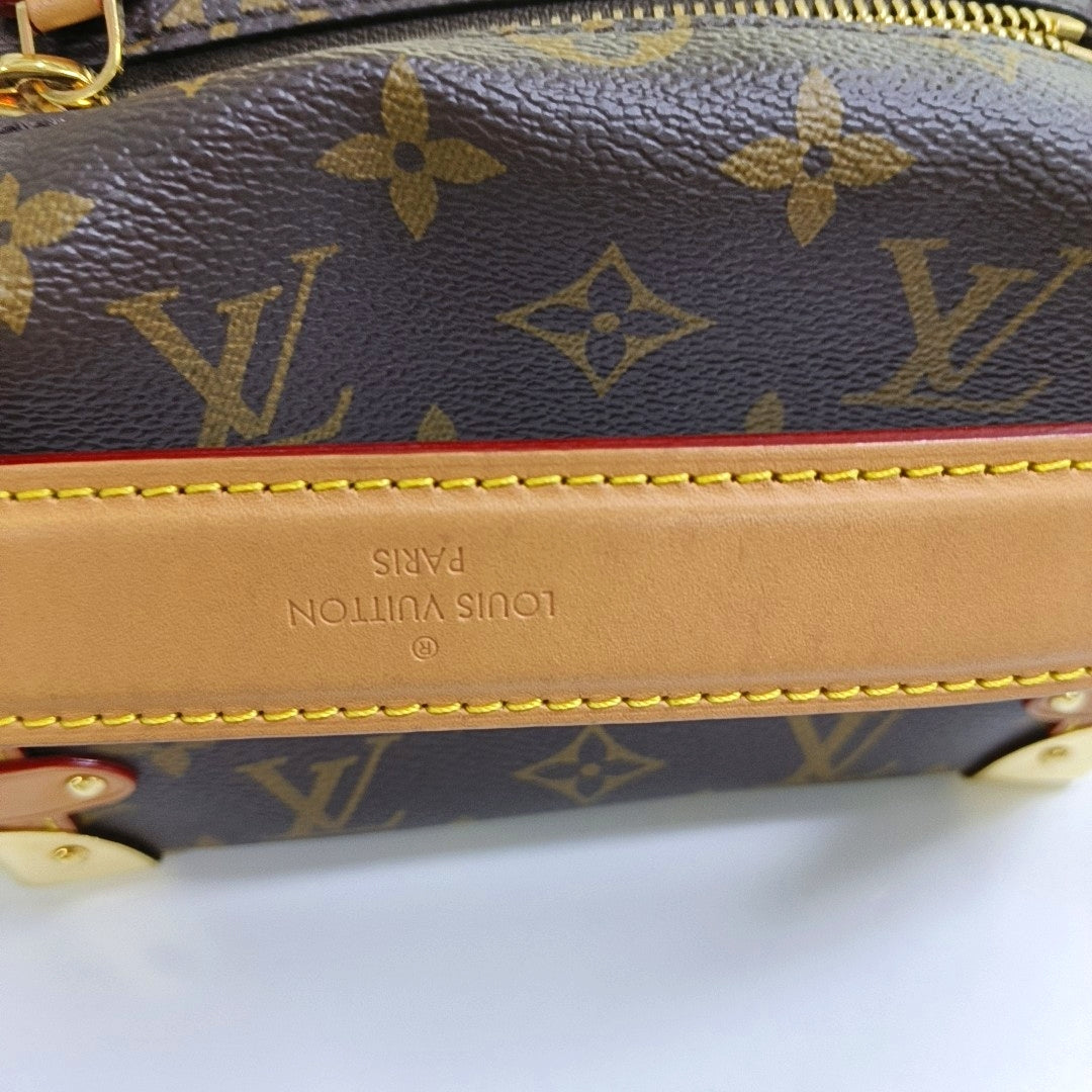 LOUIS VUITTON SIDE TRUNK Small Size Brown Coated Canvas Monogram Embossed Riveted Soft Box Shoulder Bag Tote Bag Crossbody Bag Gold Hardware Two Removable Straps-(SKU)-967707192