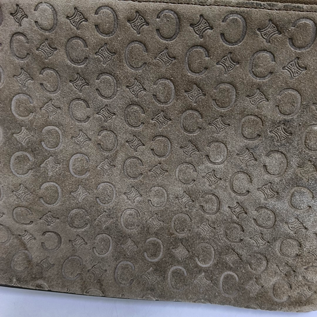 CELINE Khaki Velvet Leather Triumph Arch Embossed Single Shoulder Bag Handbag Silver Hardware-(SKU)-958683892