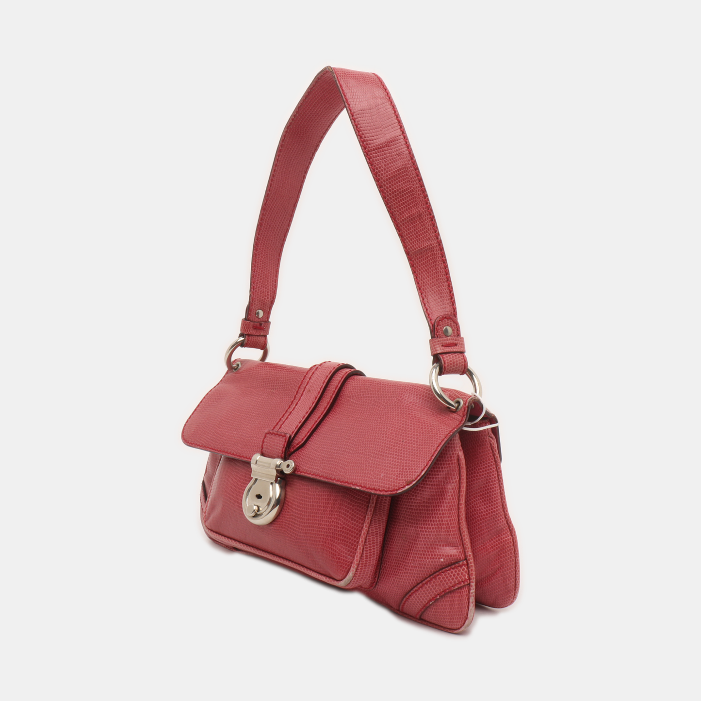 BURBERRY Red Cowhide Embossed Shoulder Bag Tote Silver Hardware-(SKU)-928563763