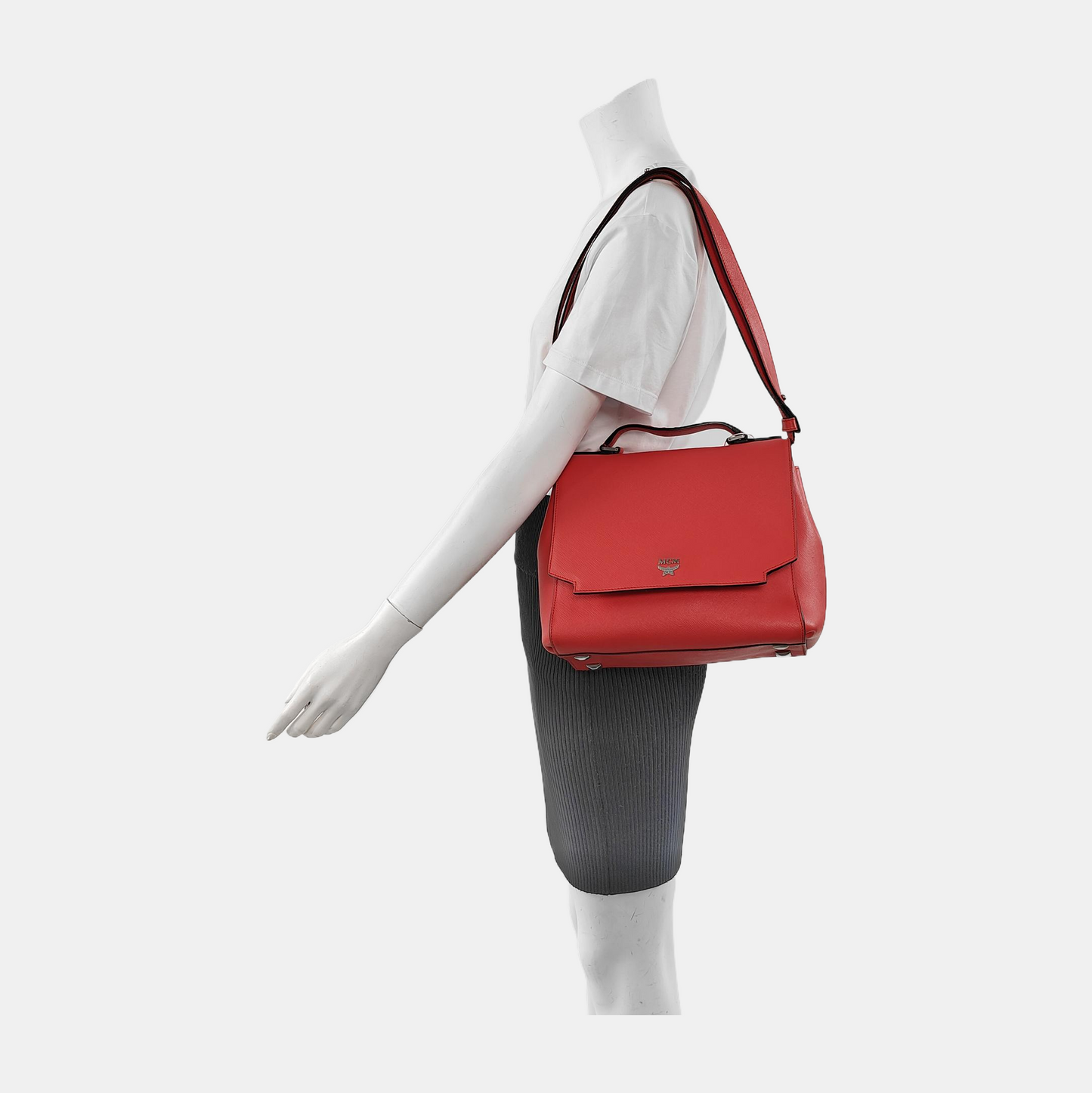 MCM ELDA Red Cowhide Embossed Single Shoulder Bag Silver Hardware Removable shoulder strap-(SKU)-13990145