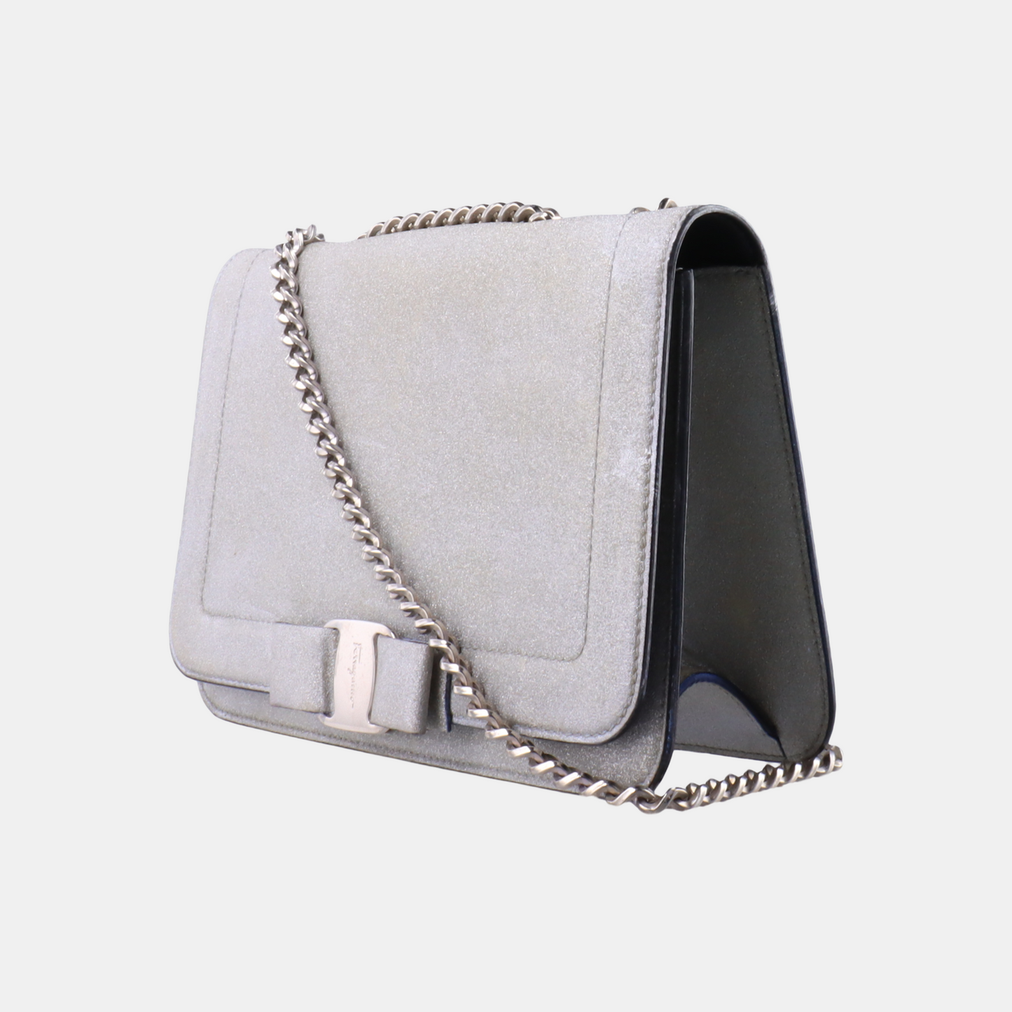 FERRAGAMO Vara Medium size Grey Cowhide Crossbody Bag Silver Hardware Removable shoulder strap-(SKU)-13751460