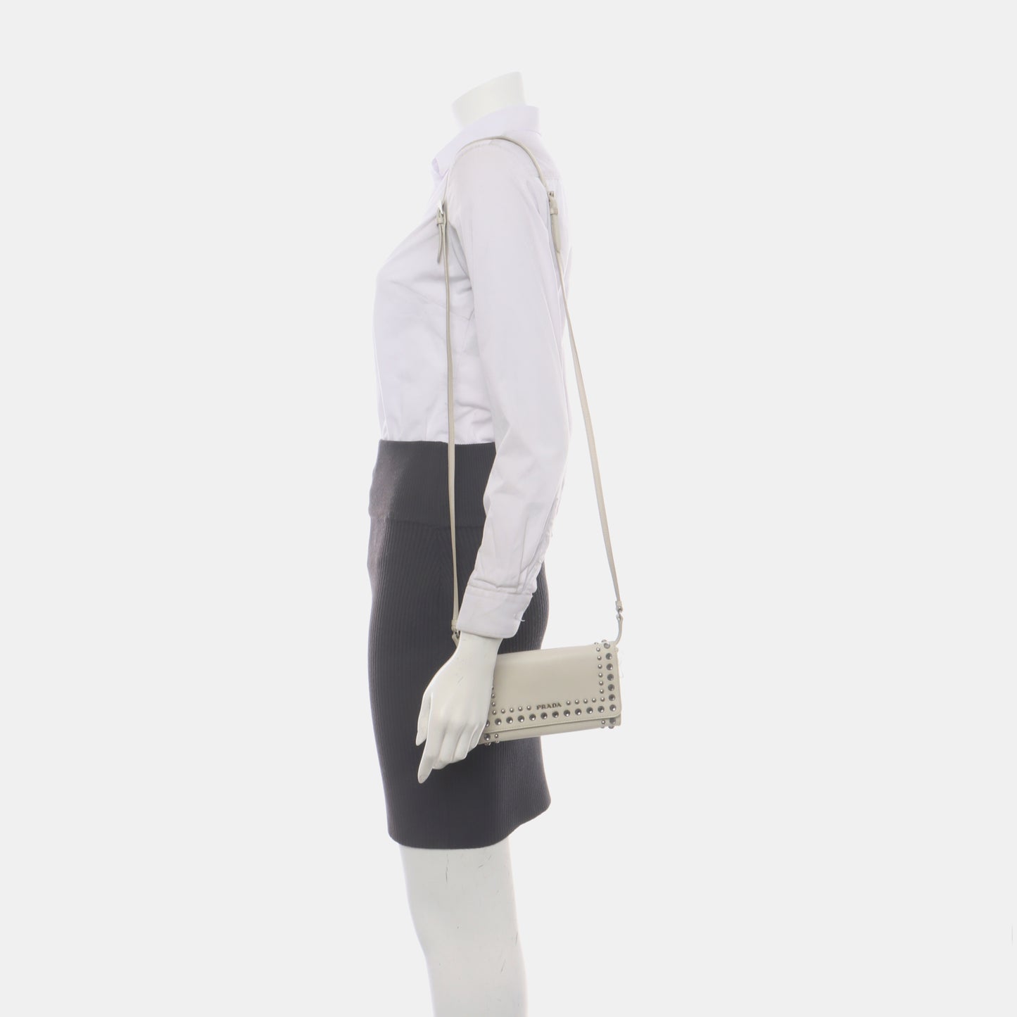 PRADA White Cowhide Crisscross Studs Single Shoulder Bag Crossbody Bag Silver Hardware Removable shoulder strap-(SKU)-935053572