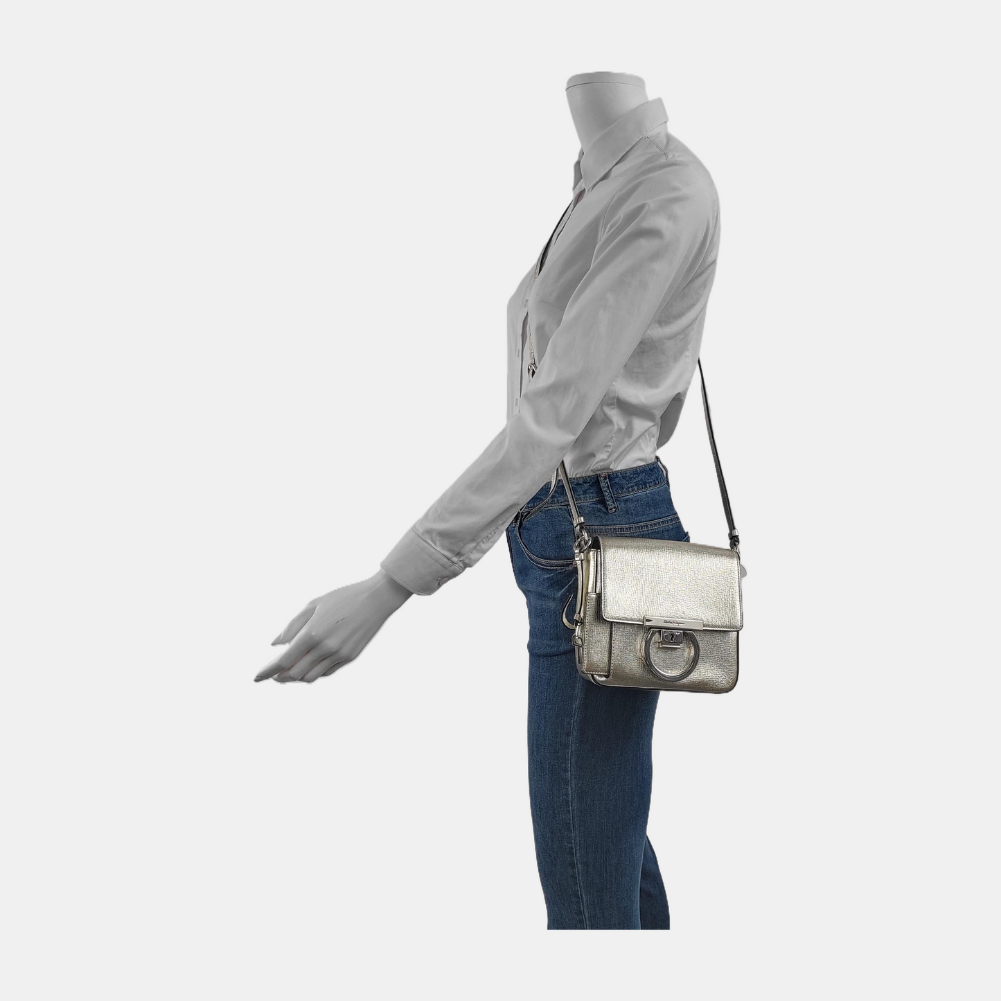 FERRAGAMO Silver Cowhide Crossbody Bag Shoulder Bag Silver Hardware-(SKU)-944296503