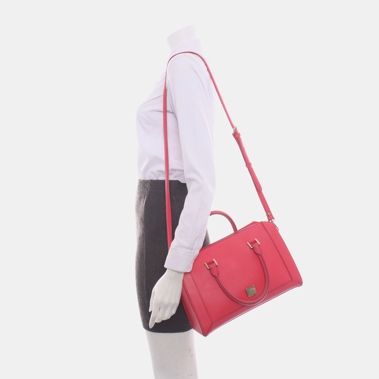 MCM NUOVO Red Leather Embossed Shoulder Bag Tote Bag Crossbody Bag Golden hardware Removable shoulder strap-(SKU)-14100965