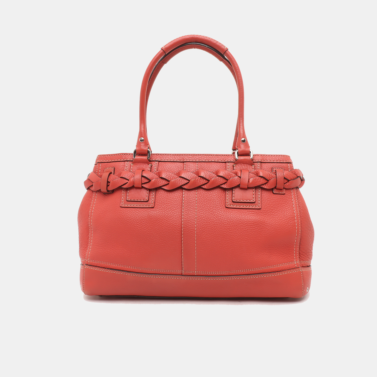 COACH HAMPTON Watermelon Red Calf Leather Fringe Weave Handbag Silver Hardware-(SKU)-928565147