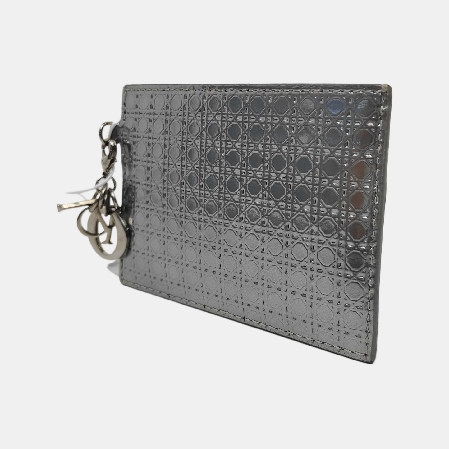 DIOR Lady Dior Silver Patent Leather Woven Quilted Diagonal Card Case Silver Hardware-(SKU)-941217354