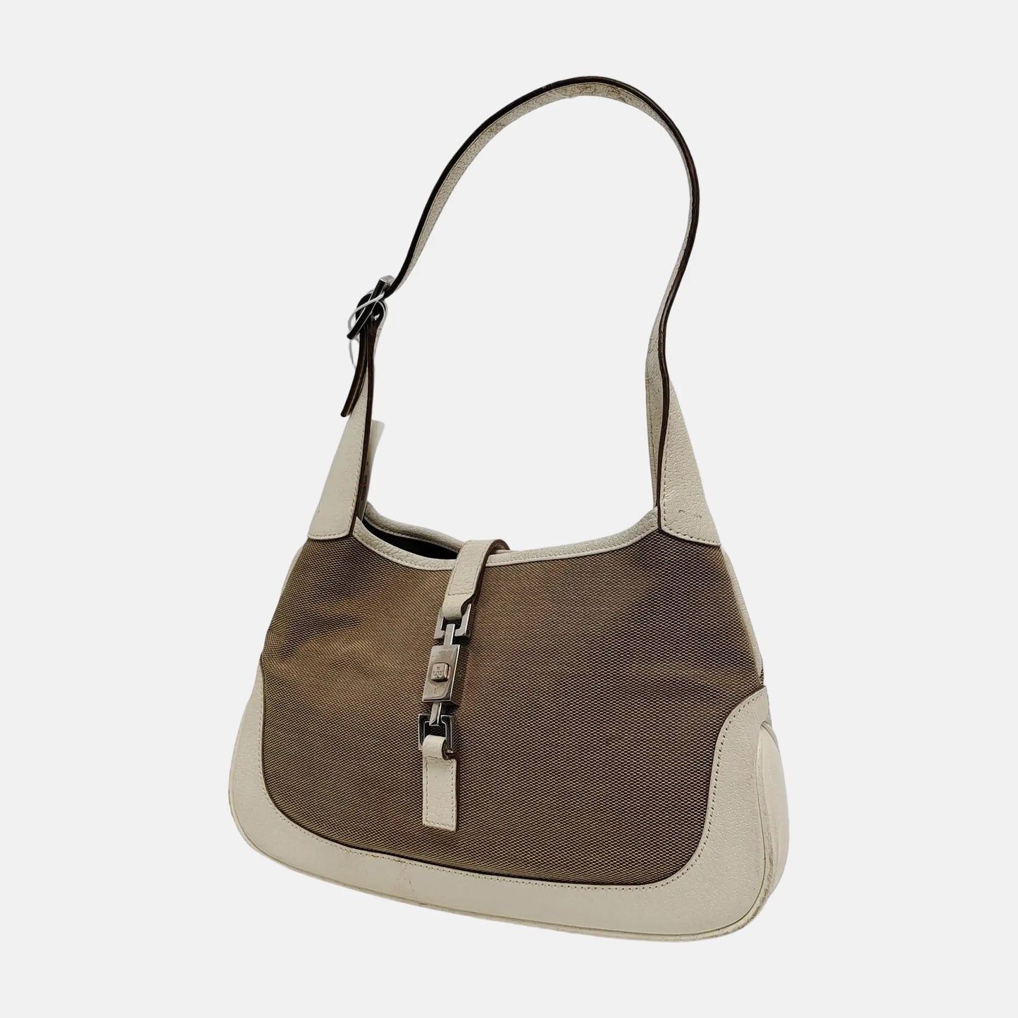 GUCCI Jackie 1961 Khaki Canvas Buckle Single Shoulder Handbag Crossbody Tote Silver Hardware-(SKU)-945694459