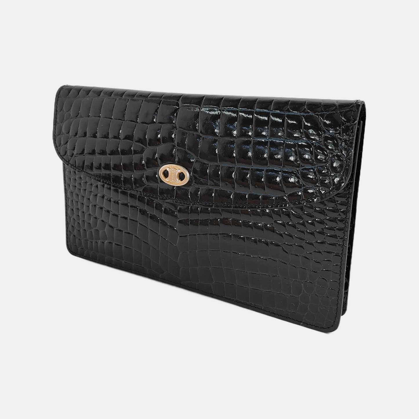 CELINE Black cowhide Arc de Triomphe crocodile-pattern clutch Golden hardware-(SKU)-941957231