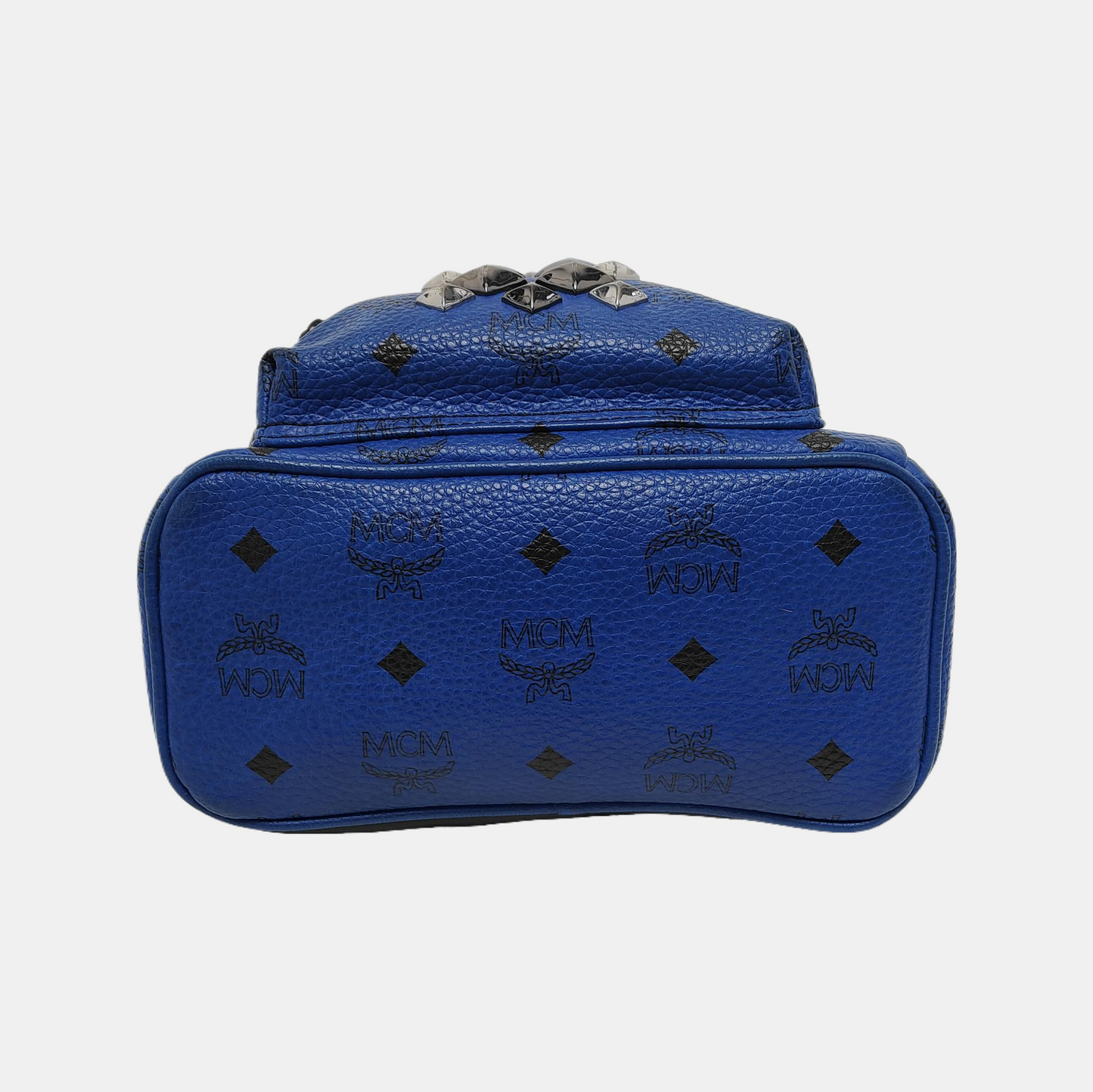 MCM STARK mini Blue Coated Canvas Monogrammed Stud Double Backpack Silver Black Hardware-(SKU)-943802065