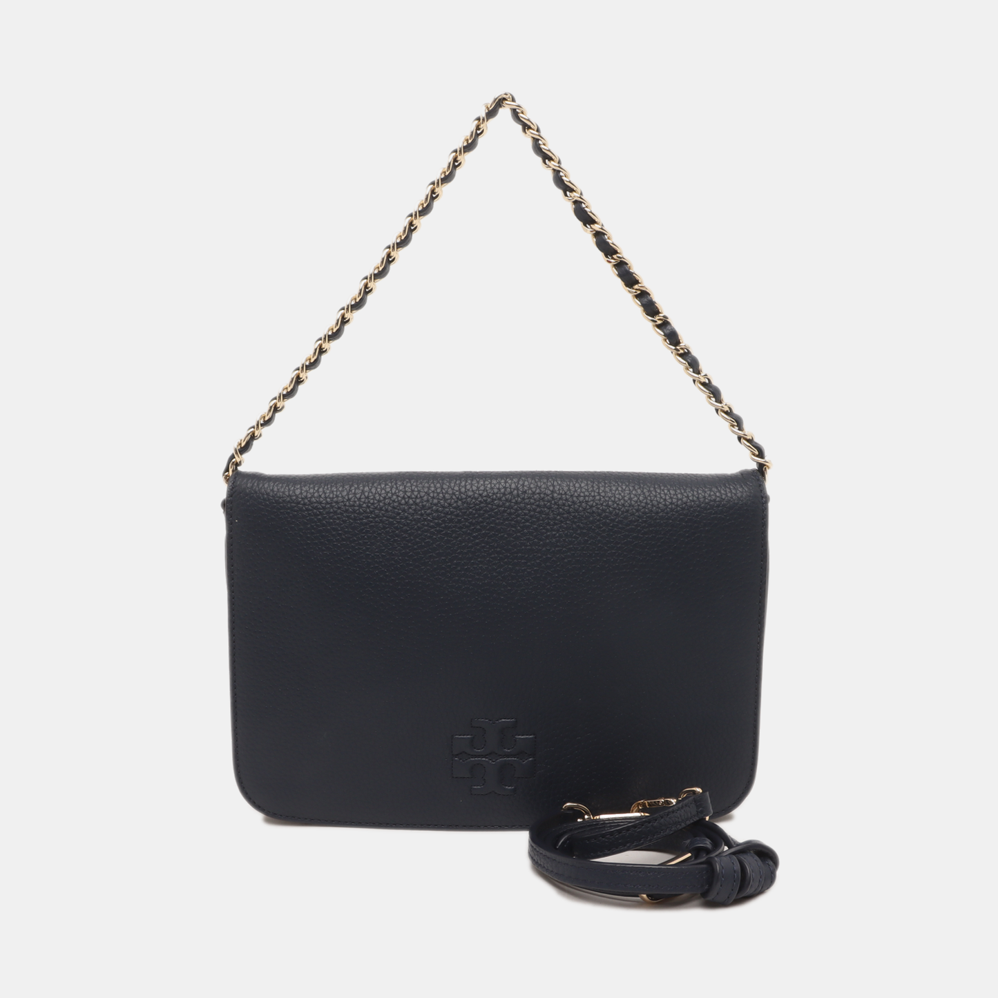 TORY BURCH Dark Blue Leather Shoulder Tote Crossbody Bag Golden hardware Removable shoulder strap-(SKU)-14258983