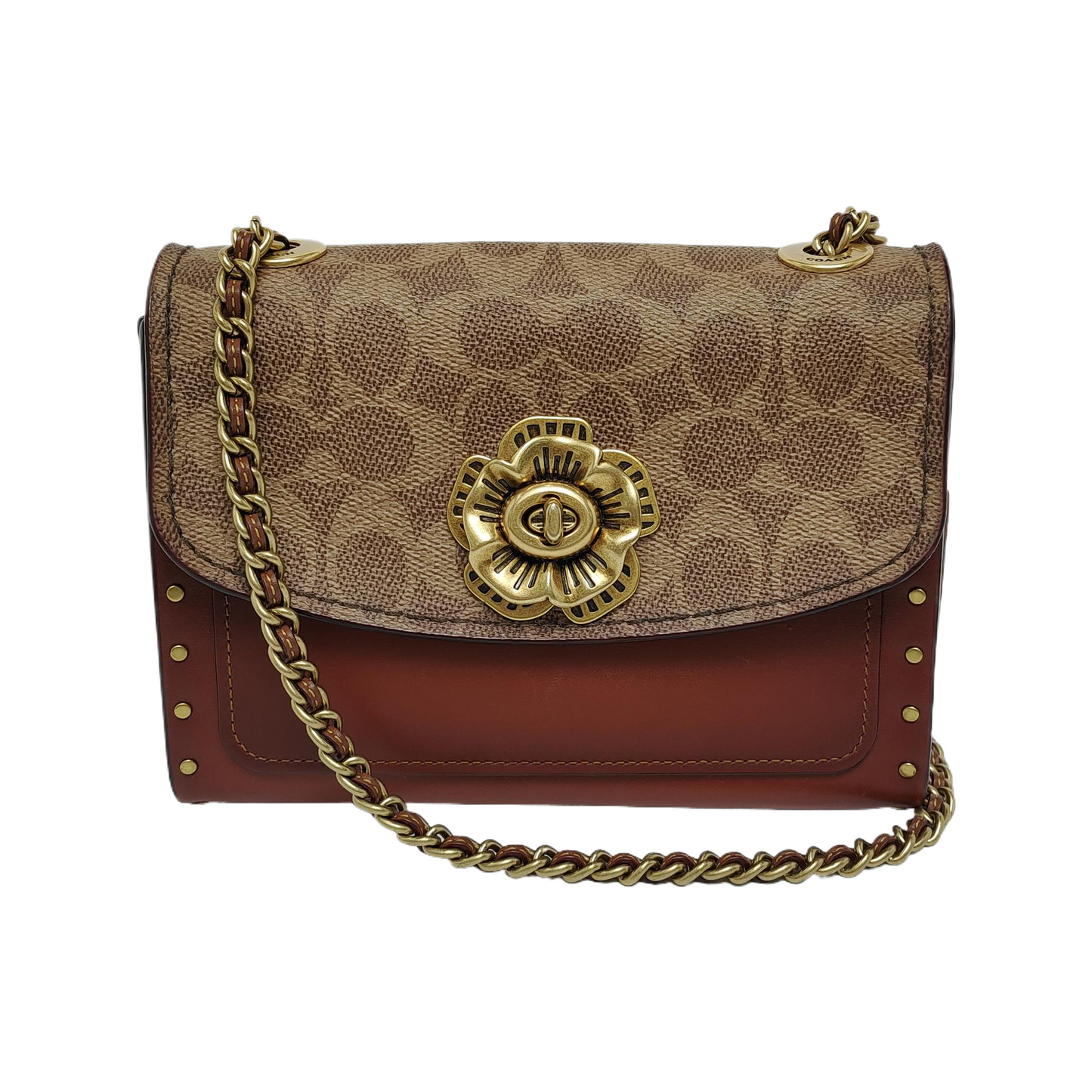 COACH PARKER 18 Brown Coated Canvas Monogrammed Studs Crossbody Shoulder Bag Golden hardware-(SKU)-940154037