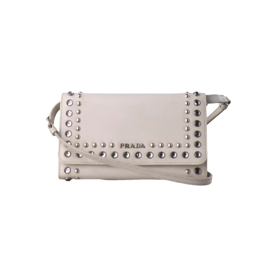 PRADA White Cowhide Crisscross Studs Single Shoulder Bag Crossbody Bag Silver Hardware Removable shoulder strap-(SKU)-935053572