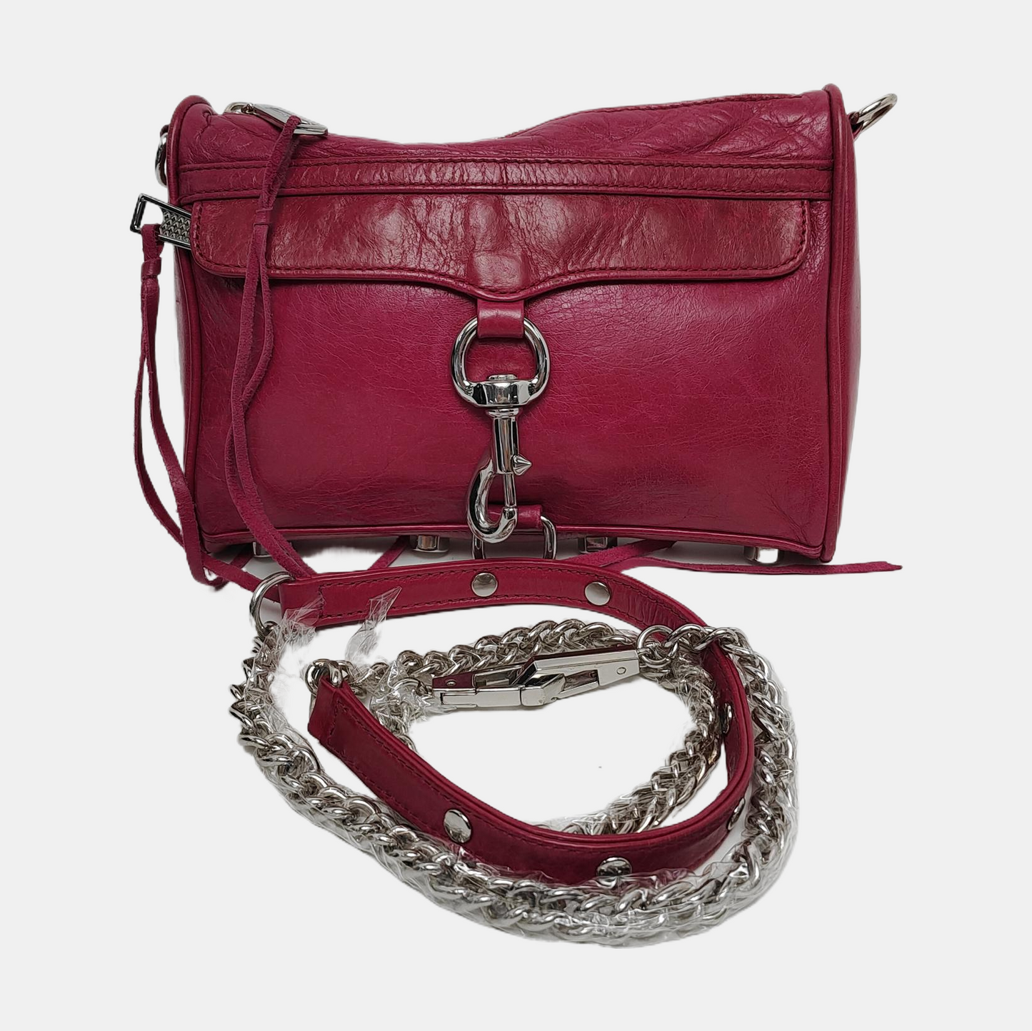 REBECCA MINKOFF M.A.C. Plum Red Cowhide Fringe Stud Single Shoulder Bag Crossbody Bag Silver Hardware Removable shoulder strap-(SKU)-943784602