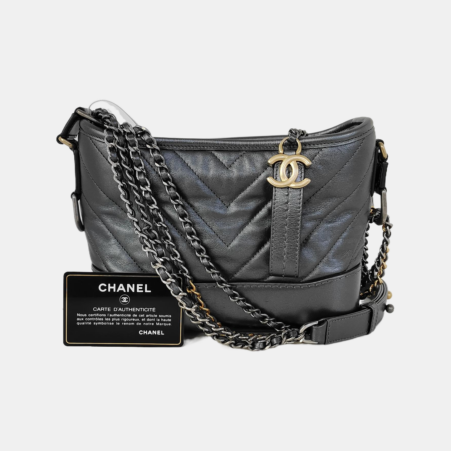 CHANEL GABRIELLE Small size deep grey leather quilted V pattern Gabrielle bag shoulder bag crossbody bag with gold silver ruthenium hardware 28 opening and removable shoulder strap-(SKU)-943365638