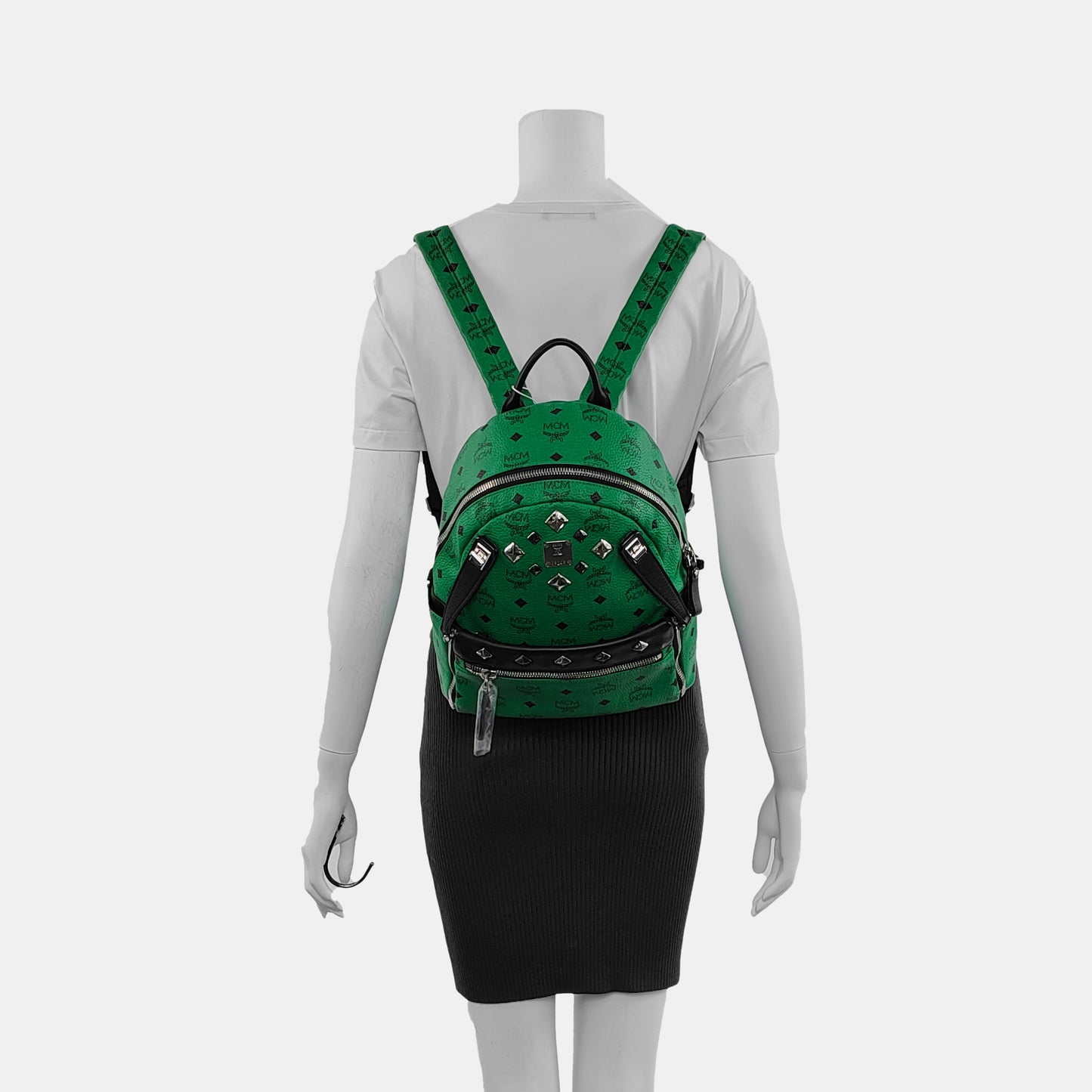 MCM STARK Small size Green Coated Canvas Monogram Studs Backpack Handbag Silver Hardware Sub-bag-(SKU)-940018584