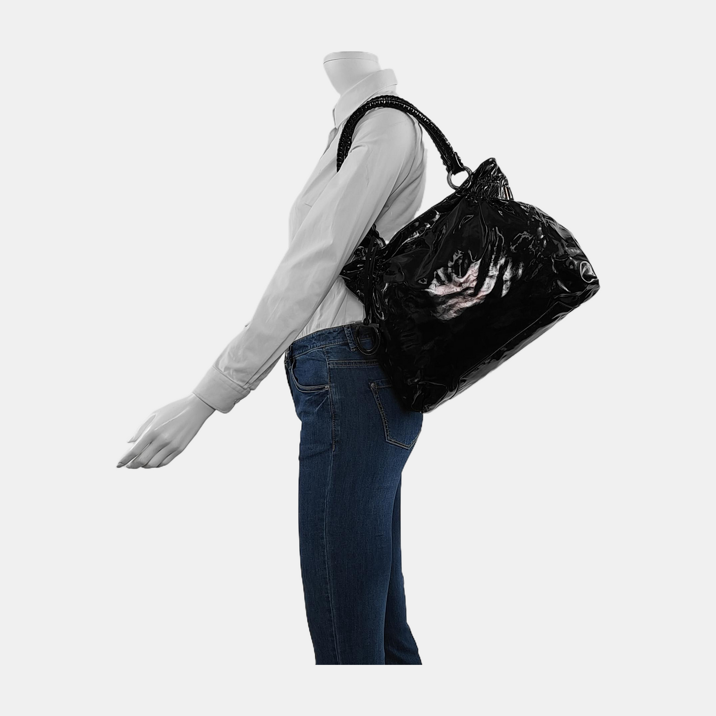 FERRAGAMO Marissa Black Patent Leather Tote Bag Silver Hardware-(SKU)-944545023