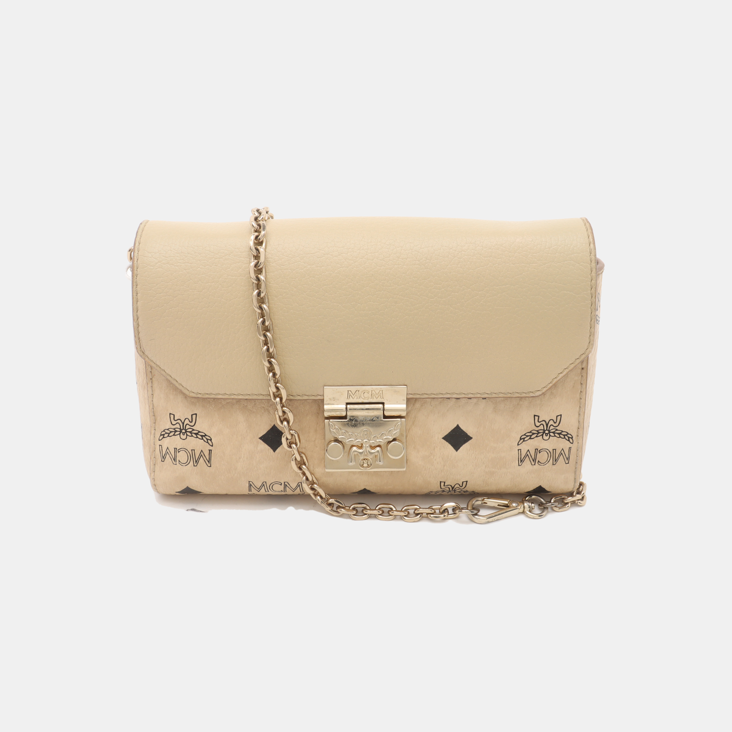 MCM MILLIE Khaki Coated Canvas Monogrammed Bay Laurel Buckle Crossbody Shoulder Bag Golden hardware Removable shoulder strap-(SKU)-935170970