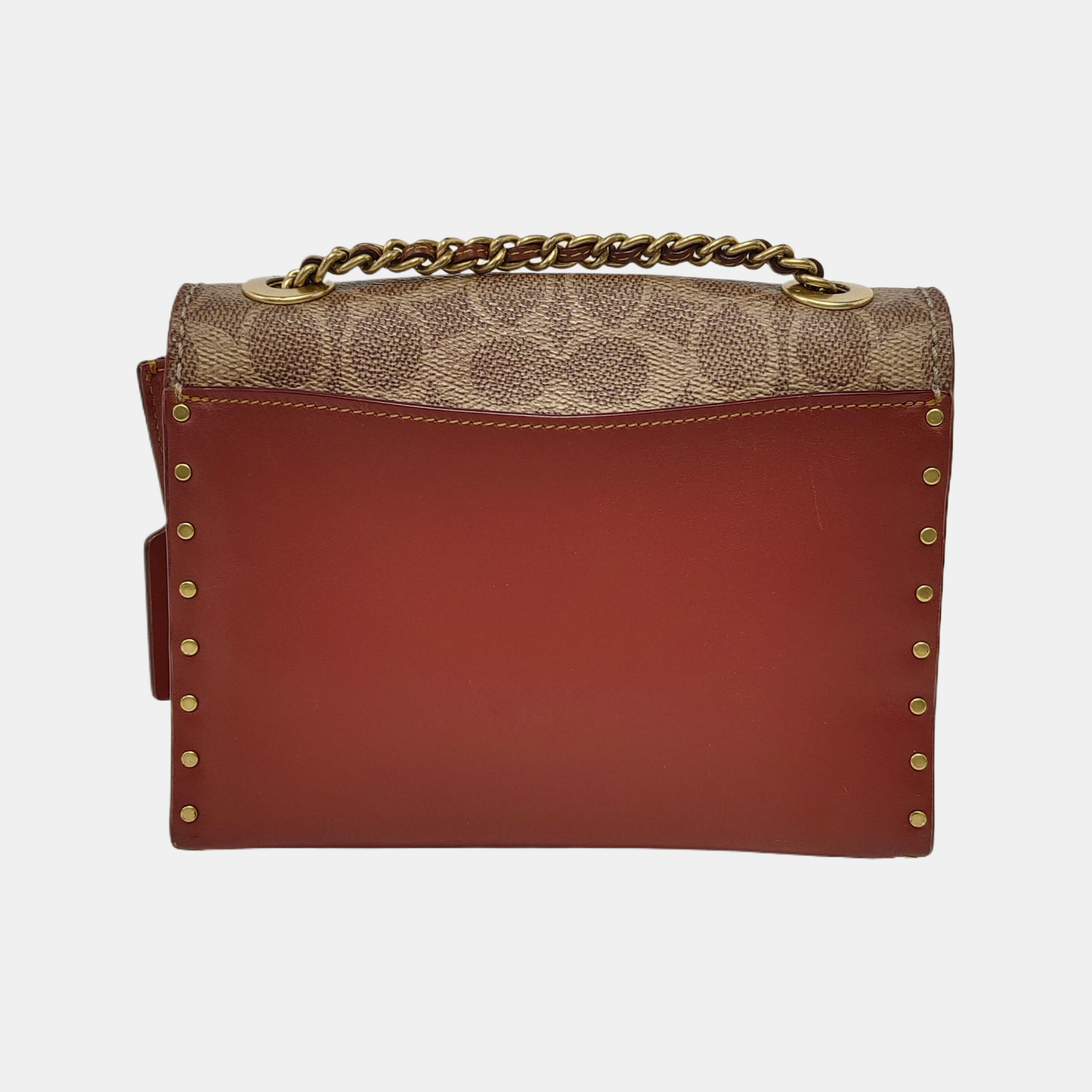 COACH PARKER 18 Brown Coated Canvas Monogrammed Studs Crossbody Shoulder Bag Golden hardware-(SKU)-944285676