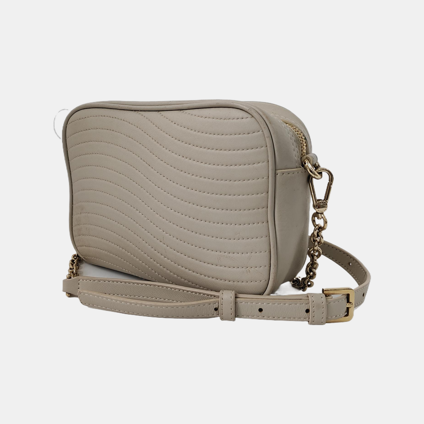 FURLA Camera Bag Light gray leather quilted crossbody single shoulder bag handbag Golden hardware Removable shoulder strap-(SKU)-941201203