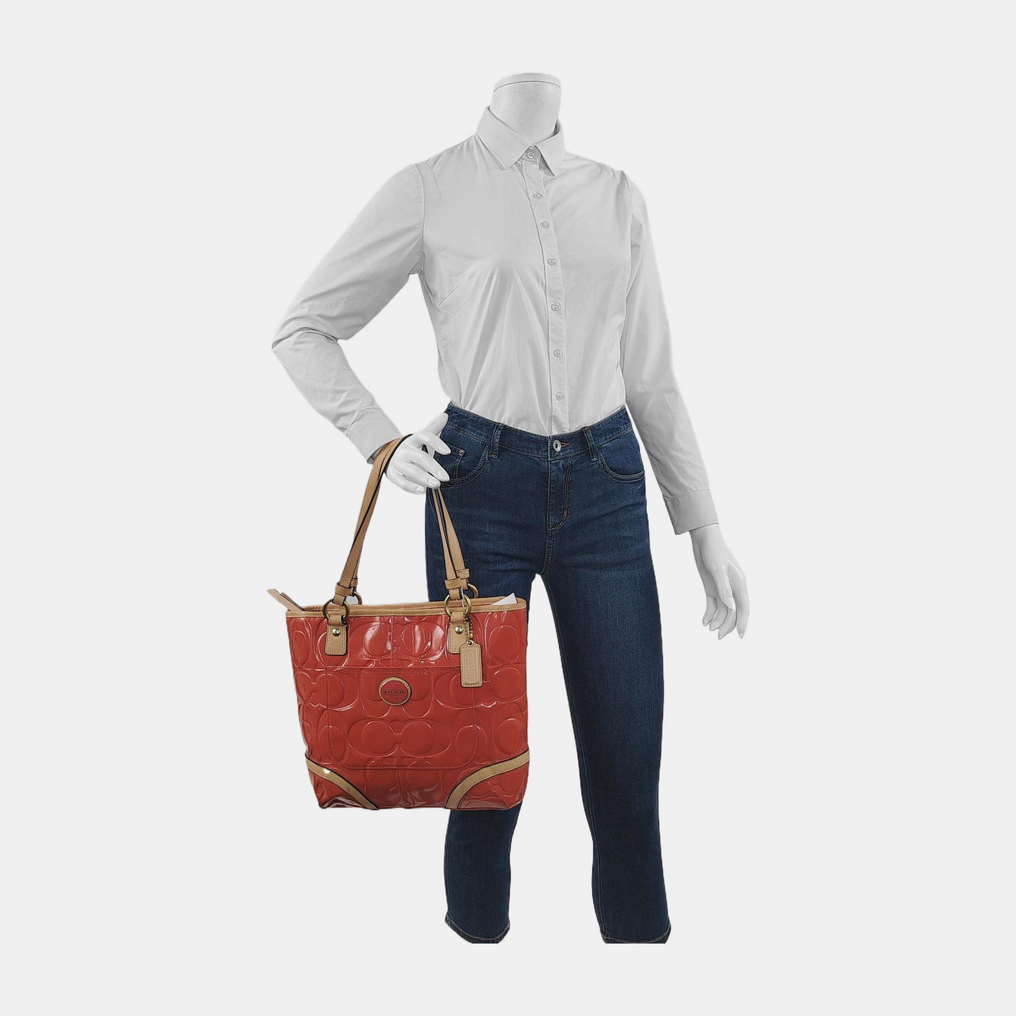 COACH Tote bag Orange Leather Old Flower Embossed Single Shoulder Bag Golden hardware-(SKU)-943933653