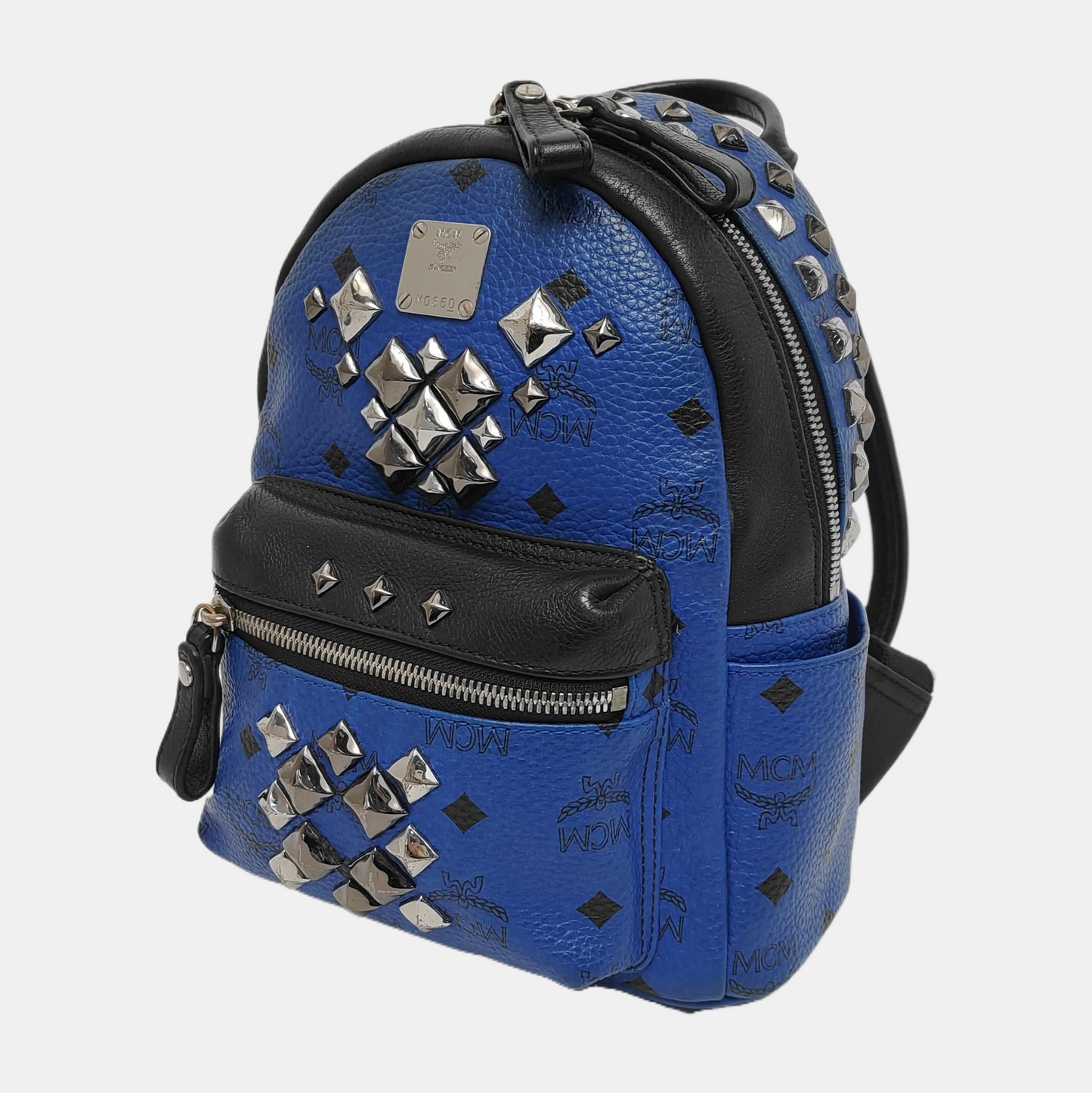MCM STARK mini Blue Coated Canvas Monogrammed Stud Double Backpack Silver Black Hardware-(SKU)-943802065