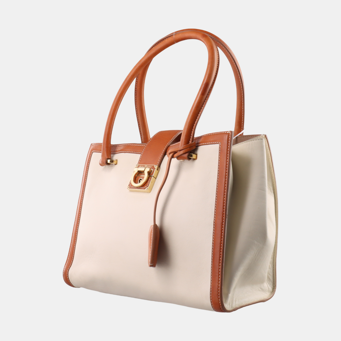 FERRAGAMO Beige Leather Tote Bag Golden hardware-(SKU)-933984180