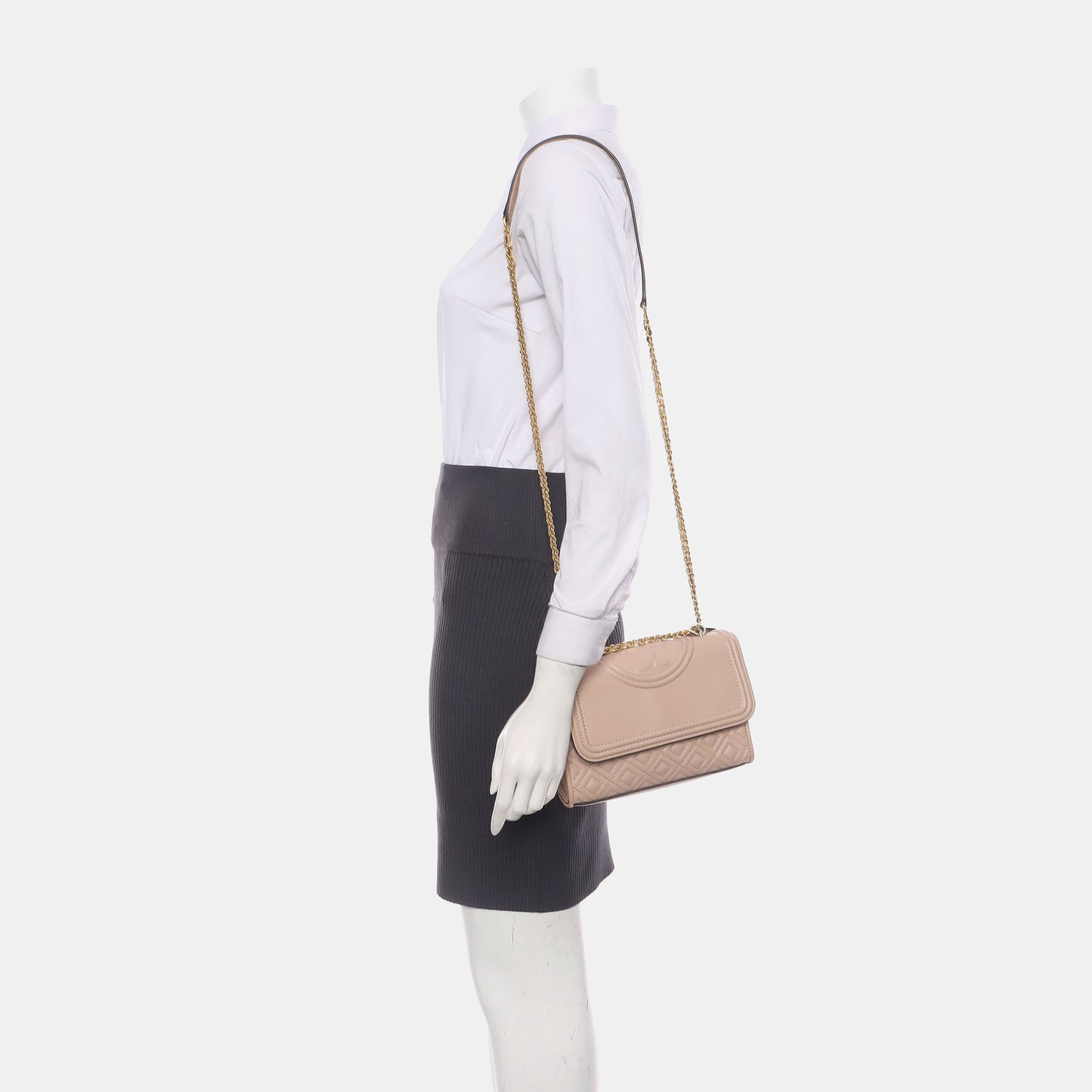 TORY BURCH Fleming Small size Nude Pink Cowhide Quilted Fringe Shoulder Bag Crossbody Golden hardware-(SKU)-14255932