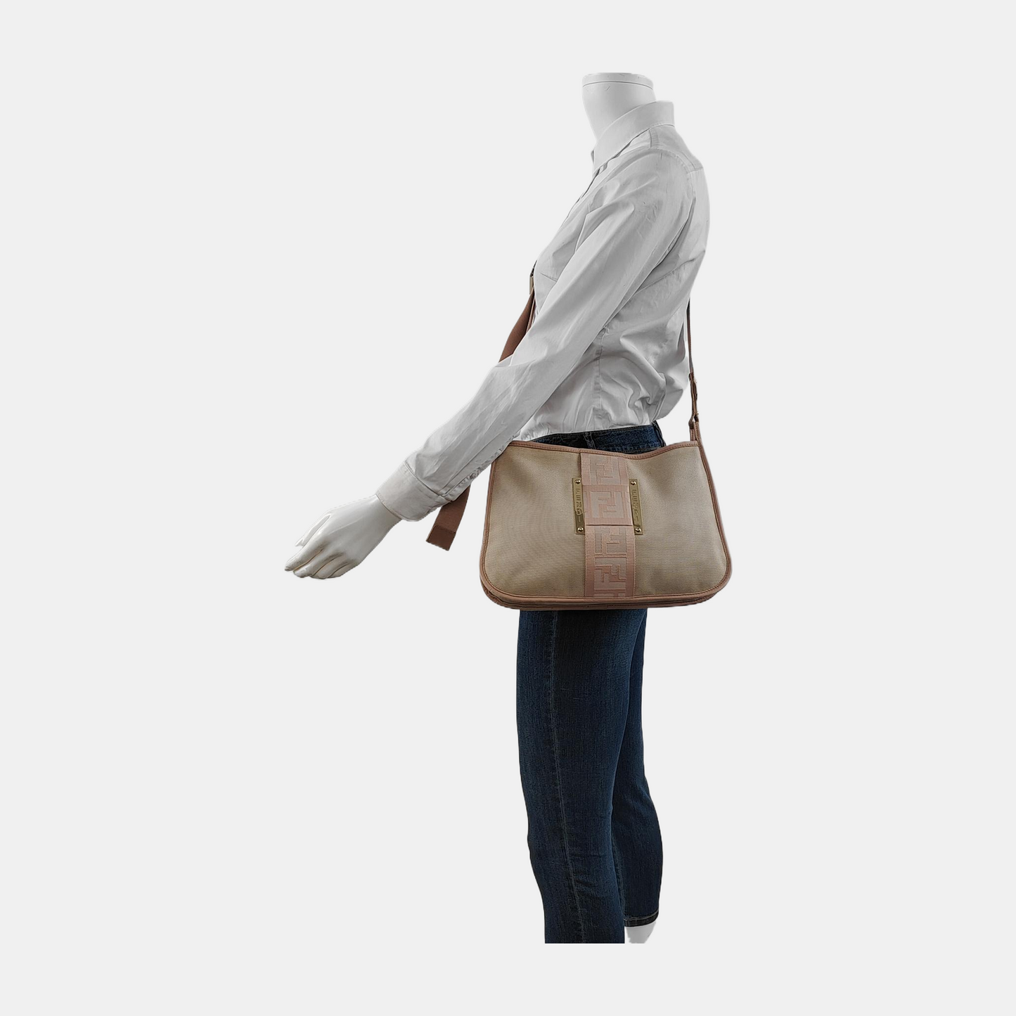 FENDI 米色帆布双F提花斜挎包Handheld包Shoulder Bag Golden hardware-(SKU)-945606964