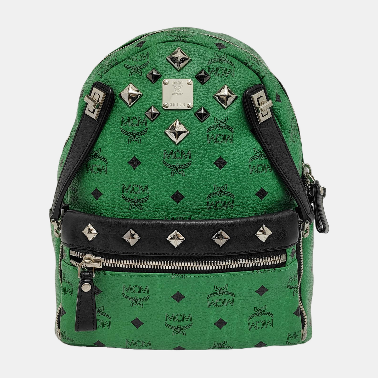 MCM STARK Small size Green Coated Canvas Monogram Studs Backpack Handbag Silver Hardware Sub-bag-(SKU)-940018584