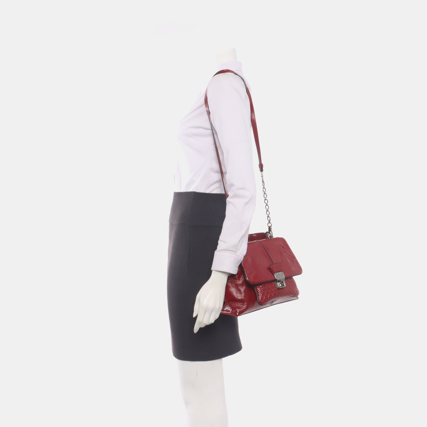 TOD'S Burgundy Patent Leather Quilted Single Shoulder Bag Ruthenium color hardware Removable shoulder strap-(SKU)-931990253