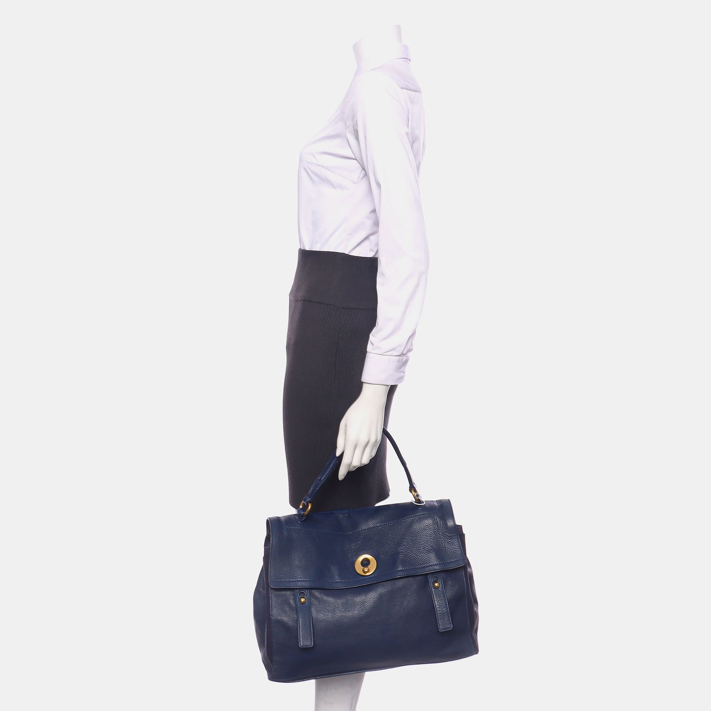 YSL MUSE TWO Dark Blue Cowhide Studs Handbag Golden hardware-(SKU)-939599133