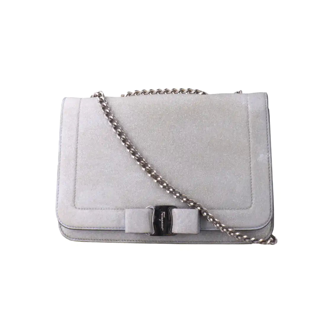 FERRAGAMO Vara Medium size Grey Cowhide Crossbody Bag Silver Hardware Removable shoulder strap-(SKU)-13751460