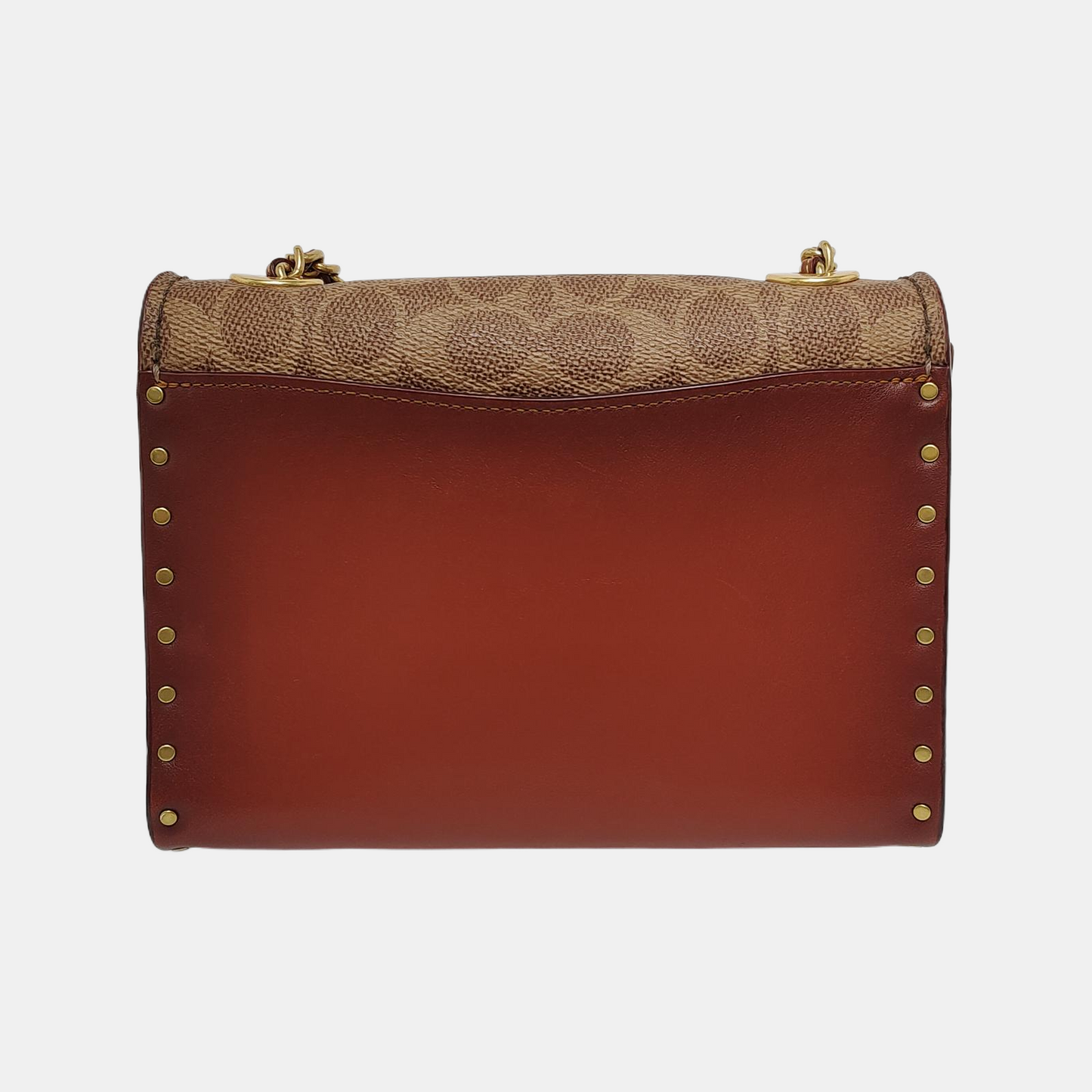 COACH PARKER 18 Brown Coated Canvas Monogrammed Studs Crossbody Shoulder Bag Golden hardware-(SKU)-940154037