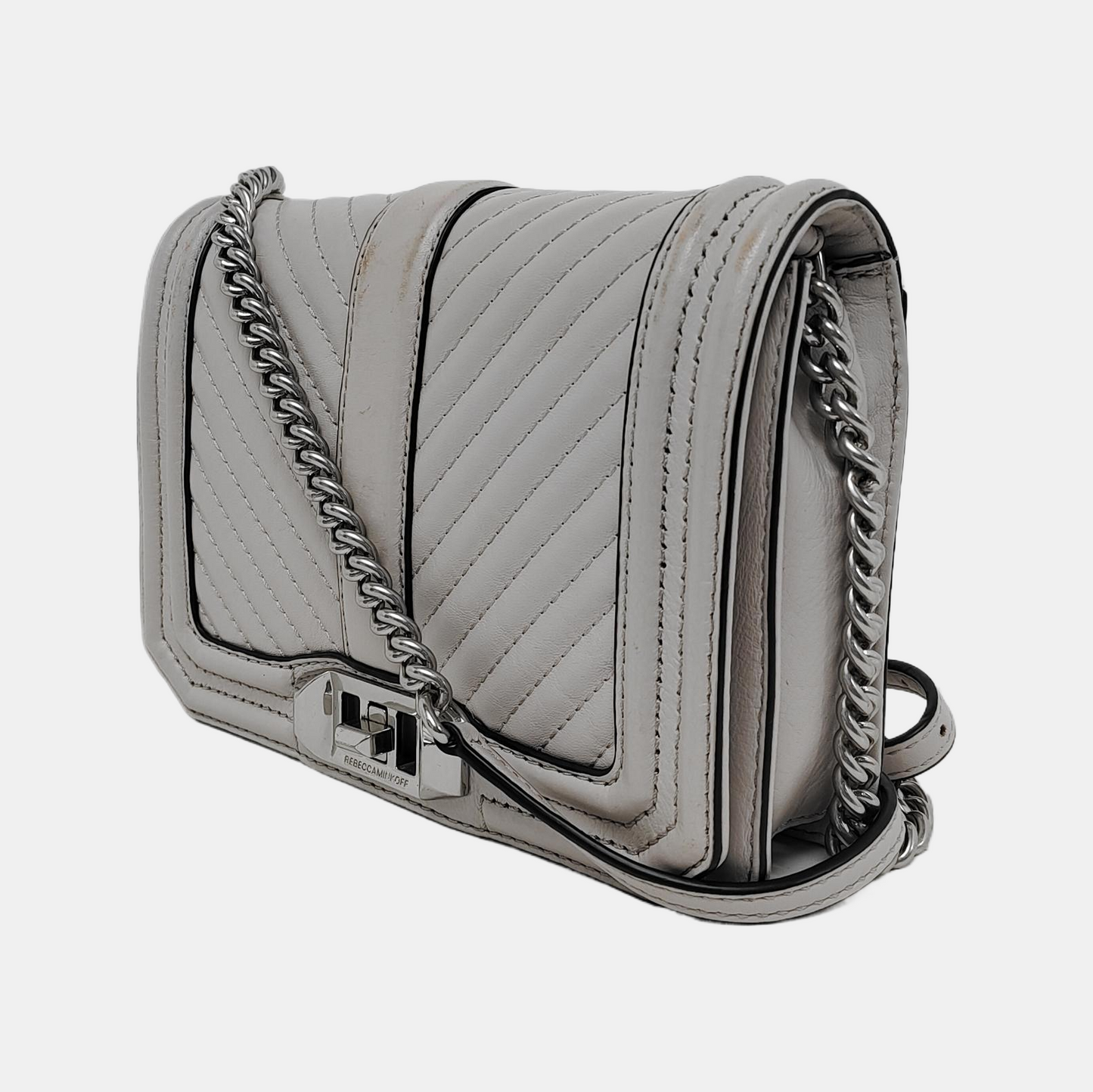 REBECCA MINKOFF Love Small size Gray leather quilted crossbody bag/shoulder bag Silver Hardware-(SKU)-943935965