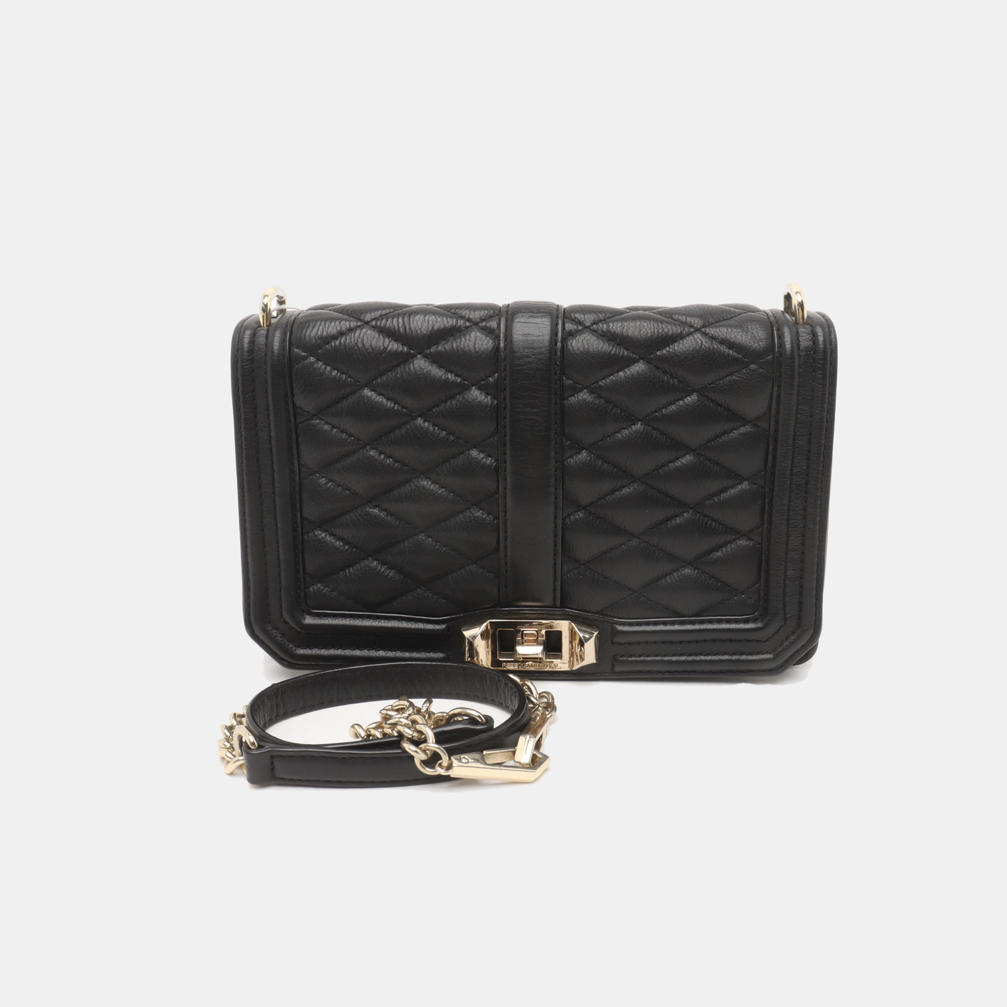 REBECCA MINKOFF Love Black leather quilted crossbody single shoulder bag Golden hardware Removable shoulder strap-(SKU)-935256767
