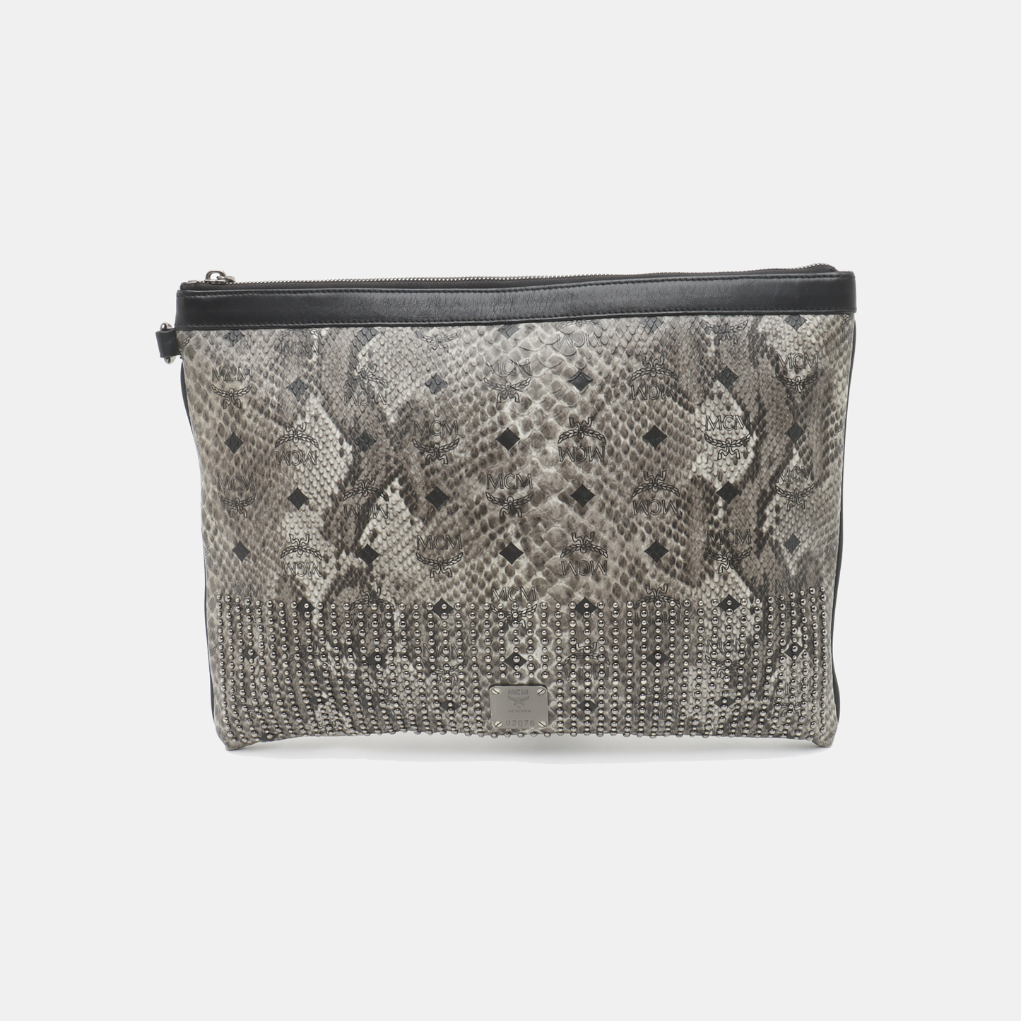 MCM Gray Coated Canvas Monogram Studs Clutch Silver Hardware-(SKU)-936462399