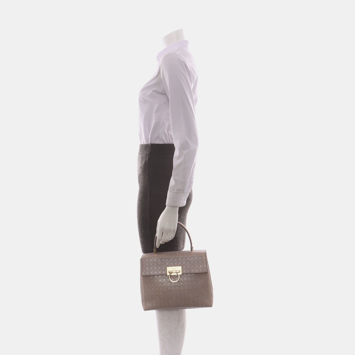 FERRAGAMO Kelly Khaki Leather Tote Golden hardware-(SKU)-14500096