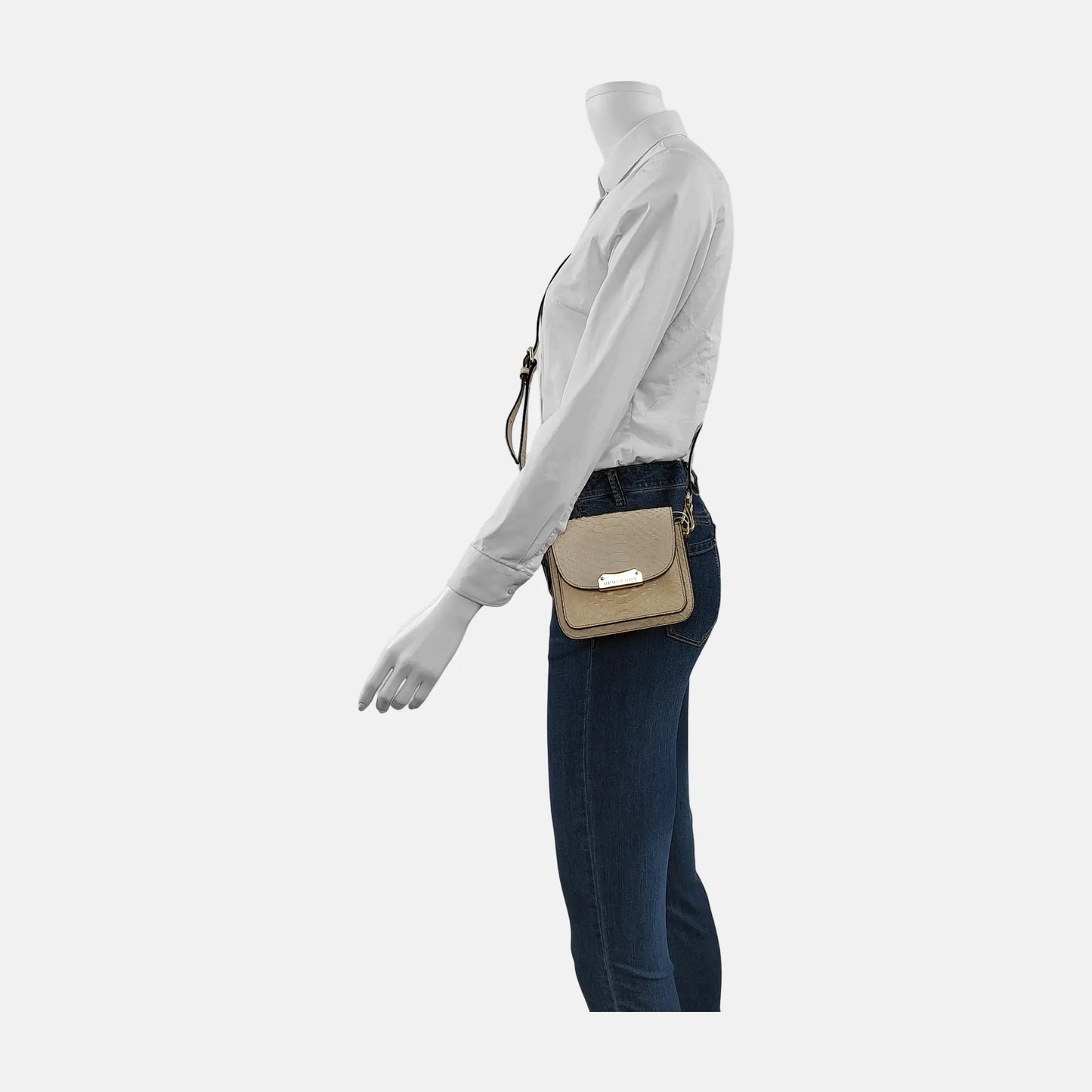 BURBERRY Langley Light Gray Leather Snake Pattern Single Shoulder Bag Crossbody Bag Golden hardware Removable shoulder strap-(SKU)-945572337